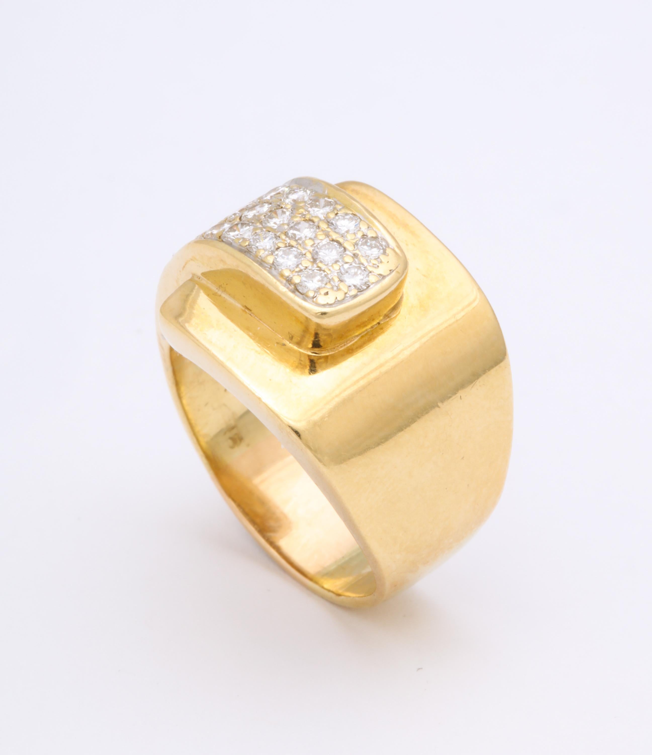 Women's or Men's 1980s Chic Buckle Design Diamonds and High Polish Gold Band Ring