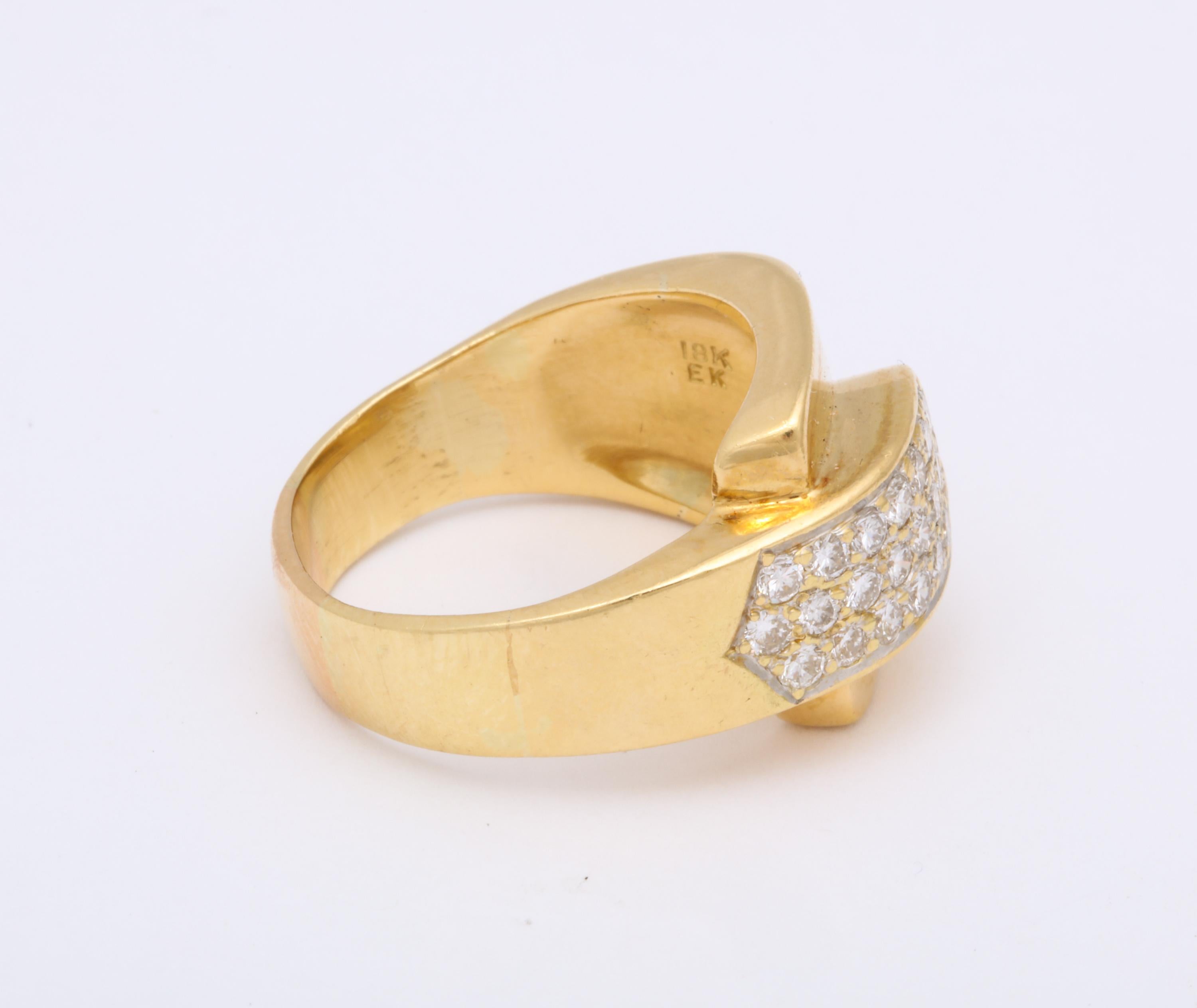 1980s Chic Buckle Design Diamonds and High Polish Gold Band Ring 1