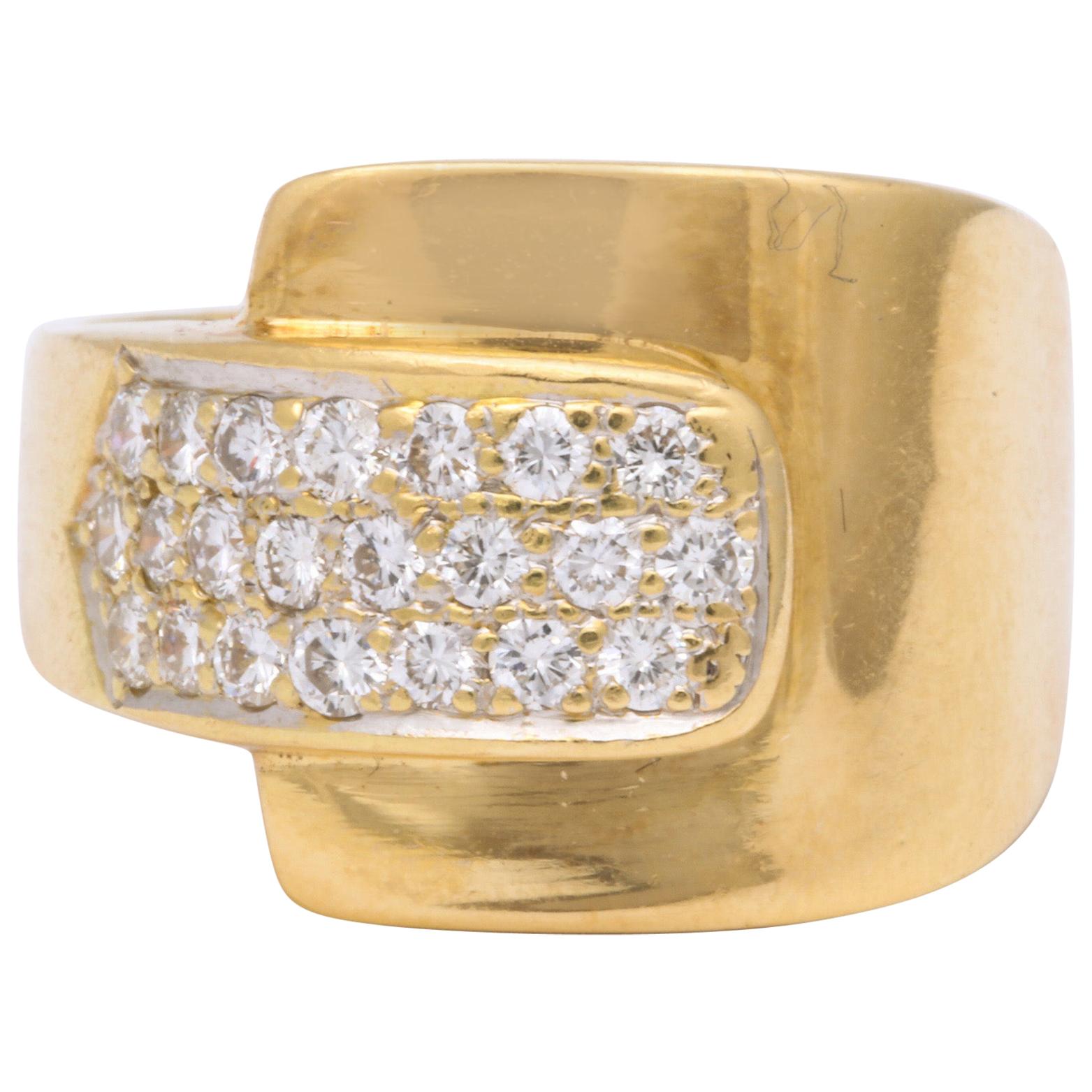 1980s Chic Buckle Design Diamonds and High Polish Gold Band Ring