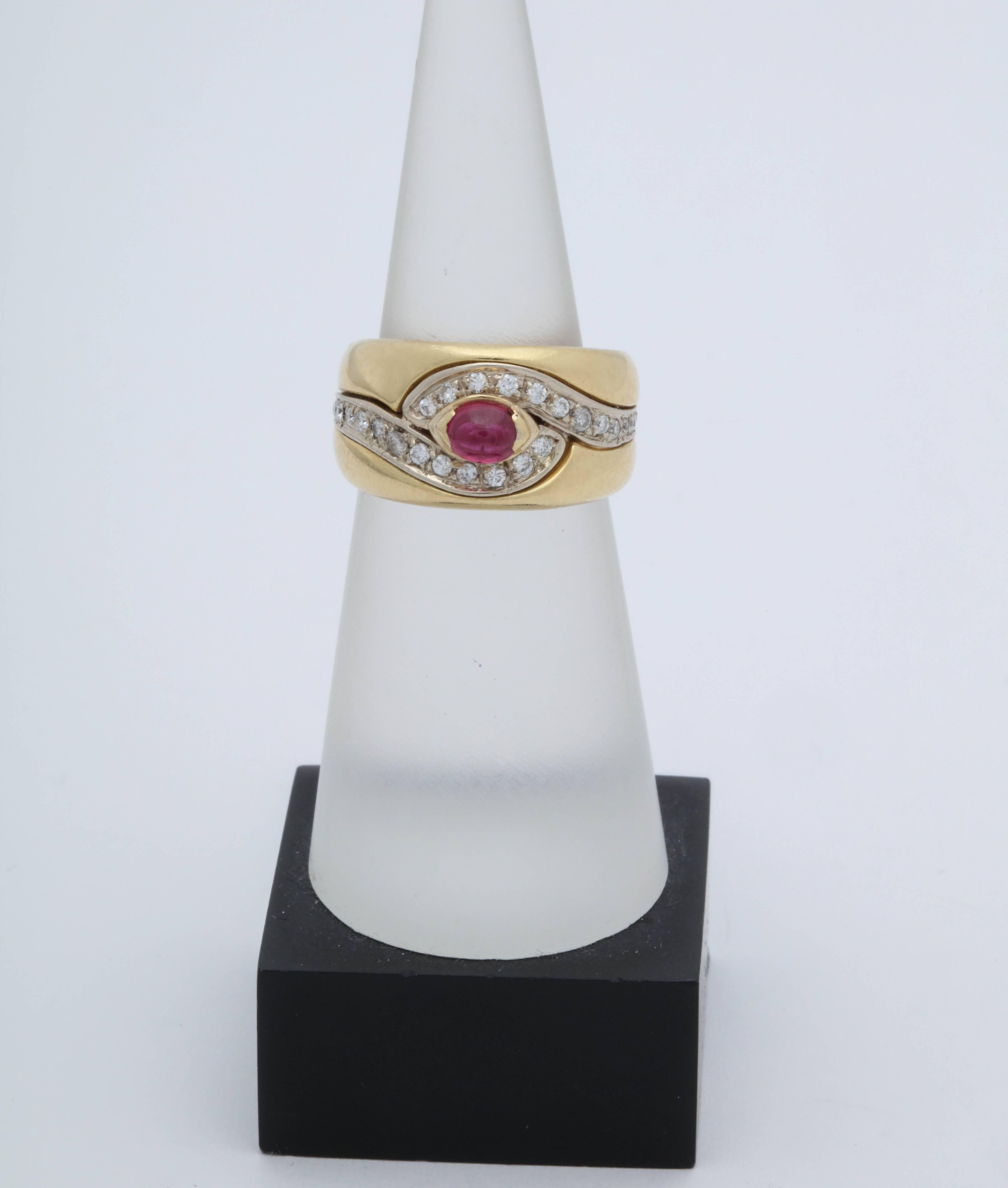 Round Cut 1980s Chic Cabochon Ruby with Diamond Swirl Design Gold Band Style Ring For Sale