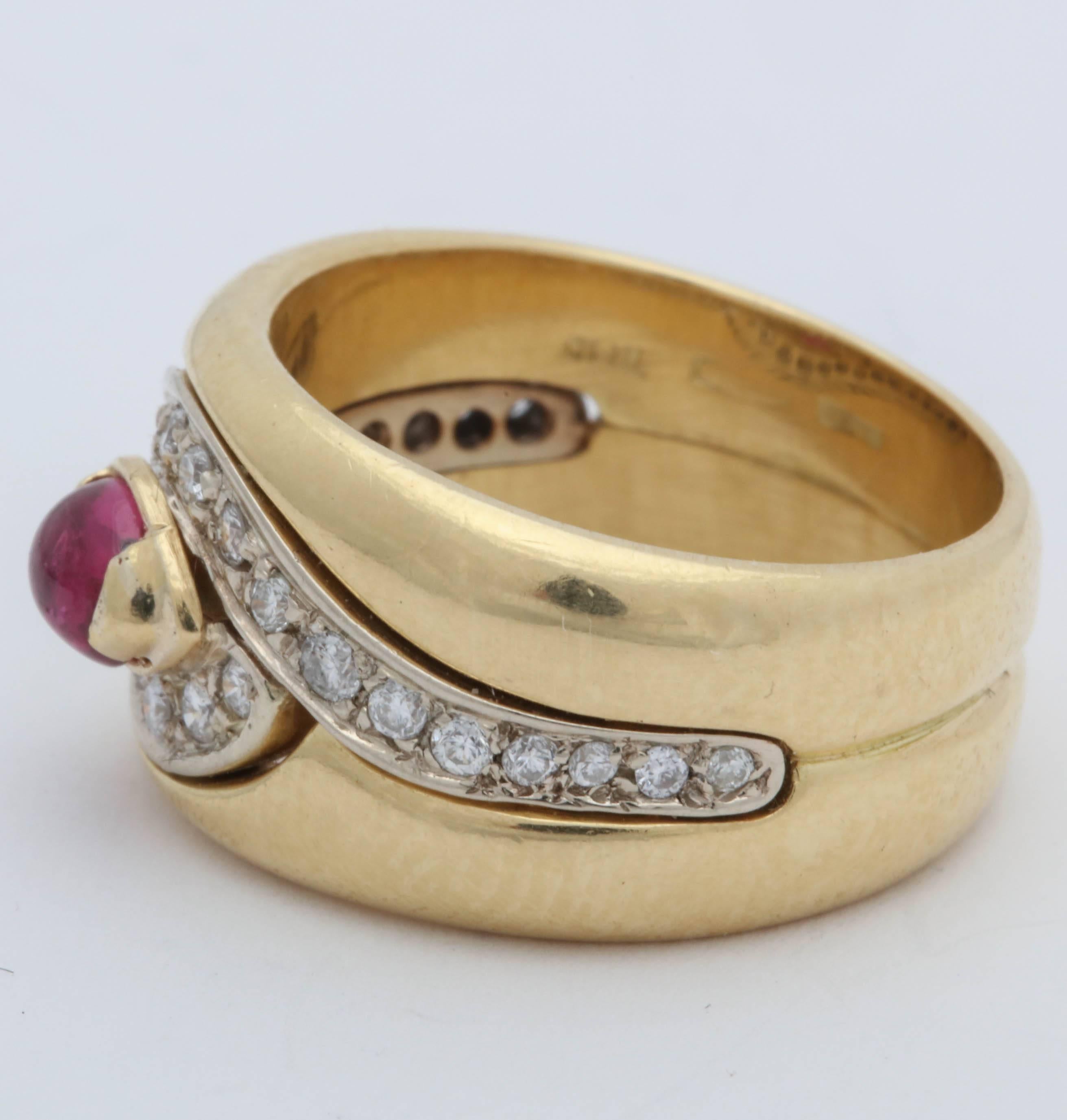 Women's 1980s Chic Cabochon Ruby with Diamond Swirl Design Gold Band Style Ring For Sale
