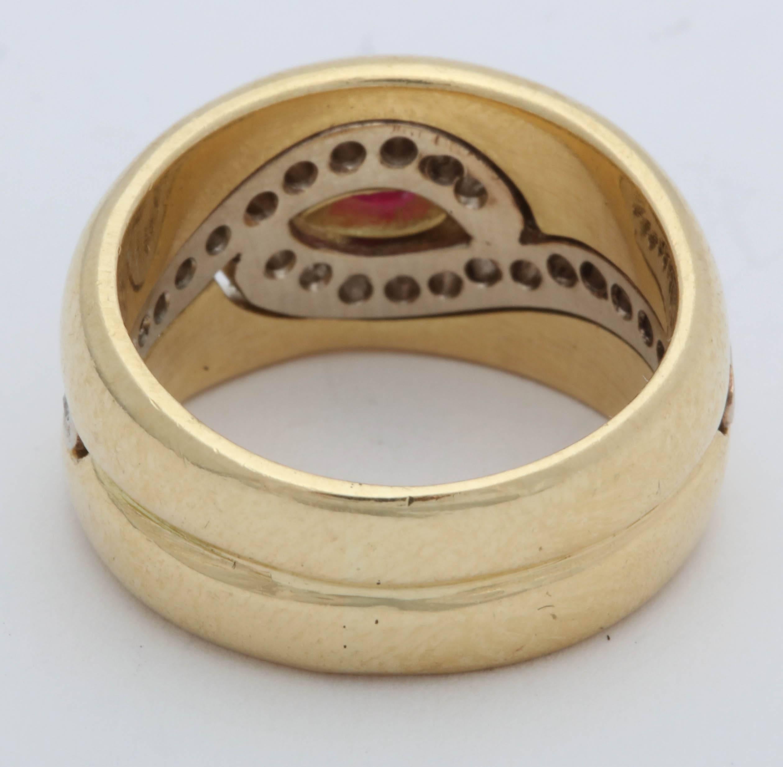 1980s Chic Cabochon Ruby with Diamond Swirl Design Gold Band Style Ring For Sale 1