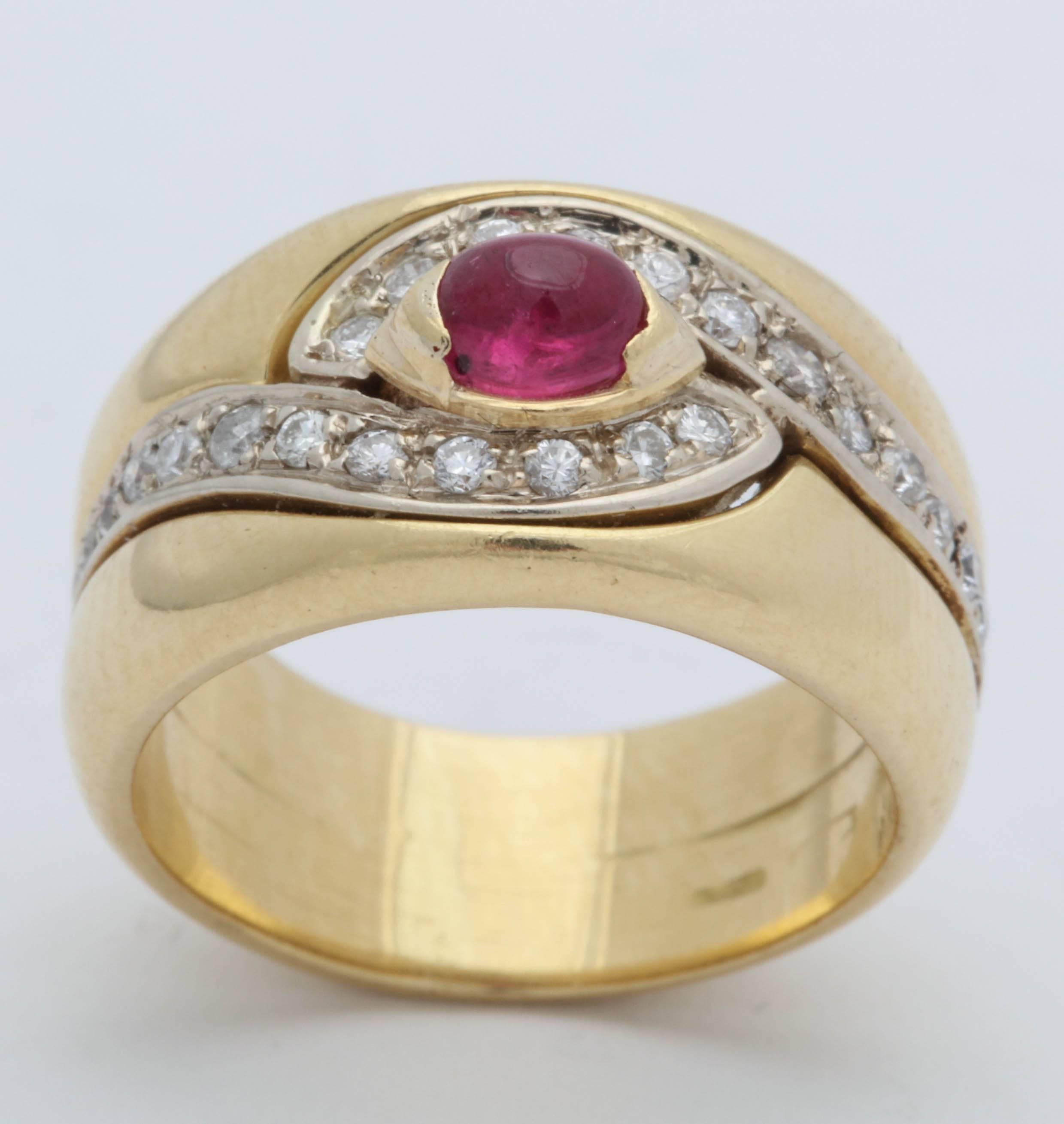 1980s Chic Cabochon Ruby with Diamond Swirl Design Gold Band Style Ring For Sale 2