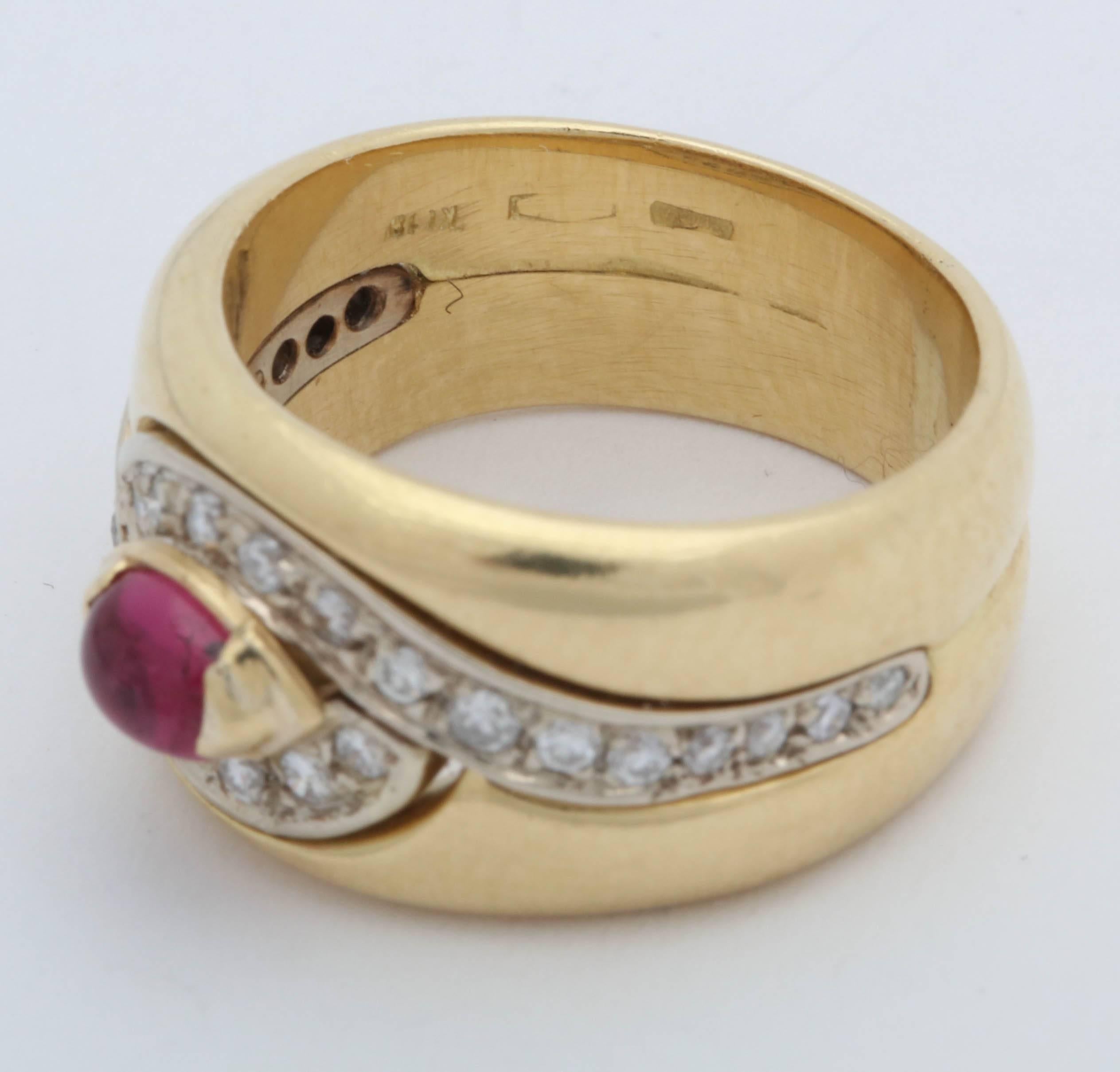 1980s Chic Cabochon Ruby with Diamond Swirl Design Gold Band Style Ring For Sale 3