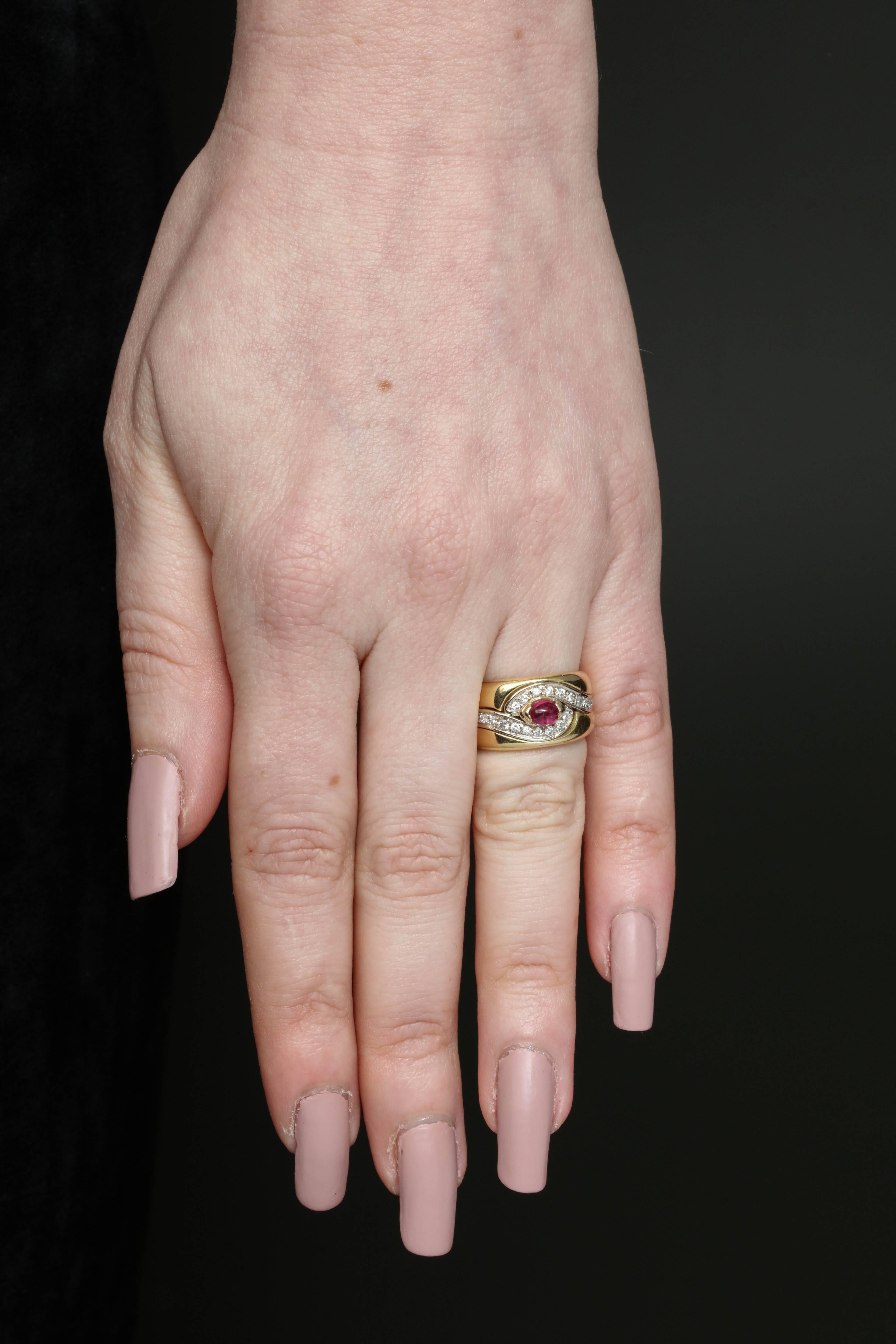 1980s Chic Cabochon Ruby with Diamond Swirl Design Gold Band Style Ring For Sale 4