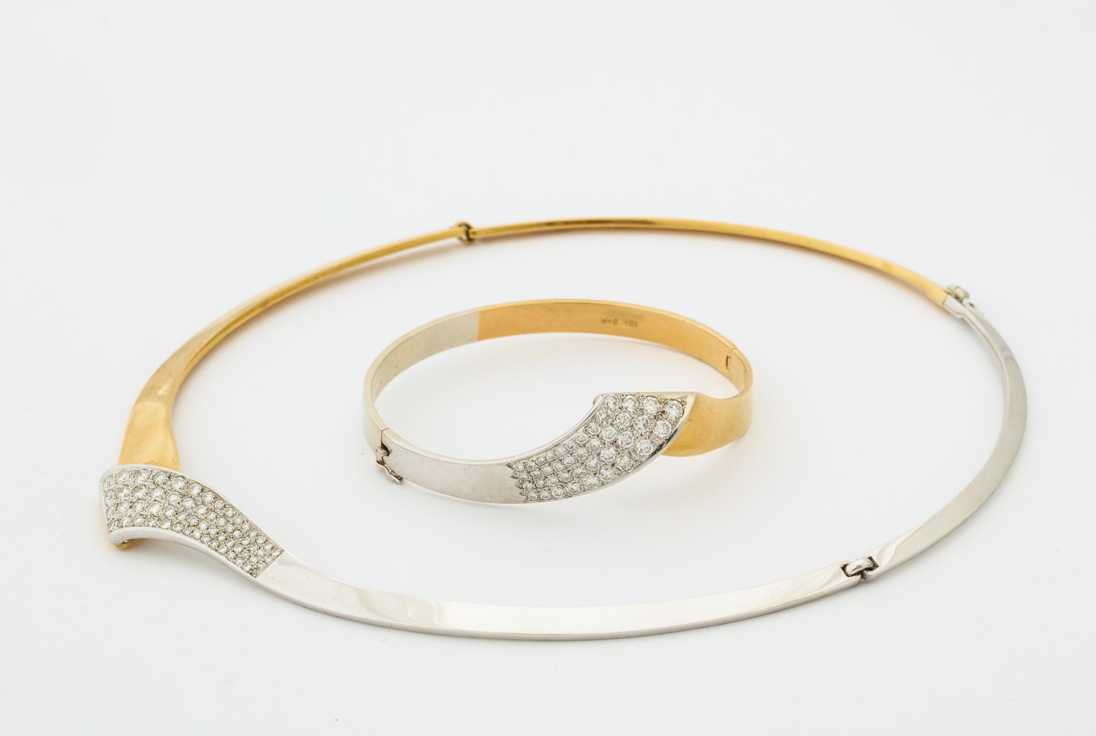Round Cut 1980s Chic Diamond with White and Yellow Gold Bracelet/Necklace Combination Set