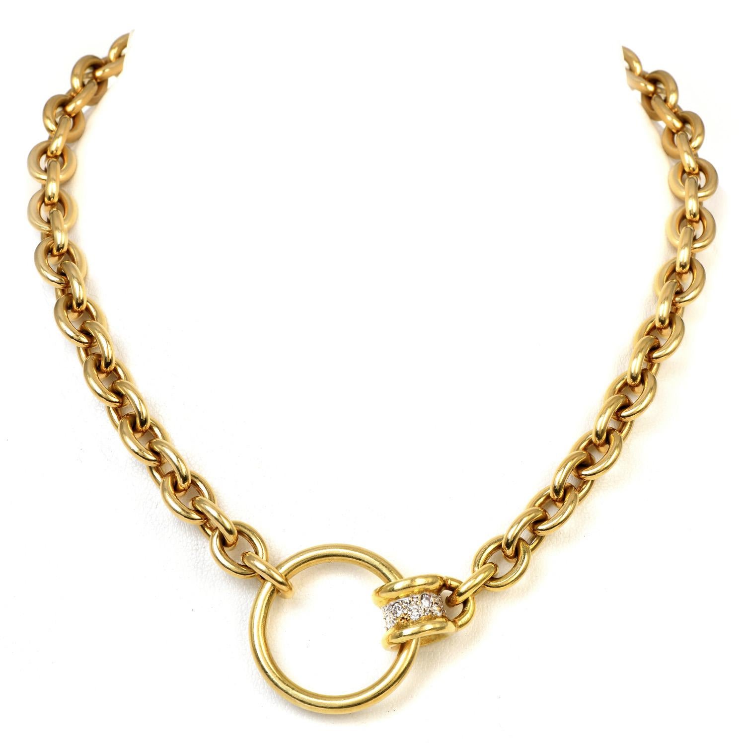 Feel Good with This Italian Heavy Italian diamond Link 18K Gold Choker Chain Necklace. This circa 1980S Italian Heavy oval-link chain necklace is crafted in solid 18 yellow gold. It weighs 99.1 grams and measures 16