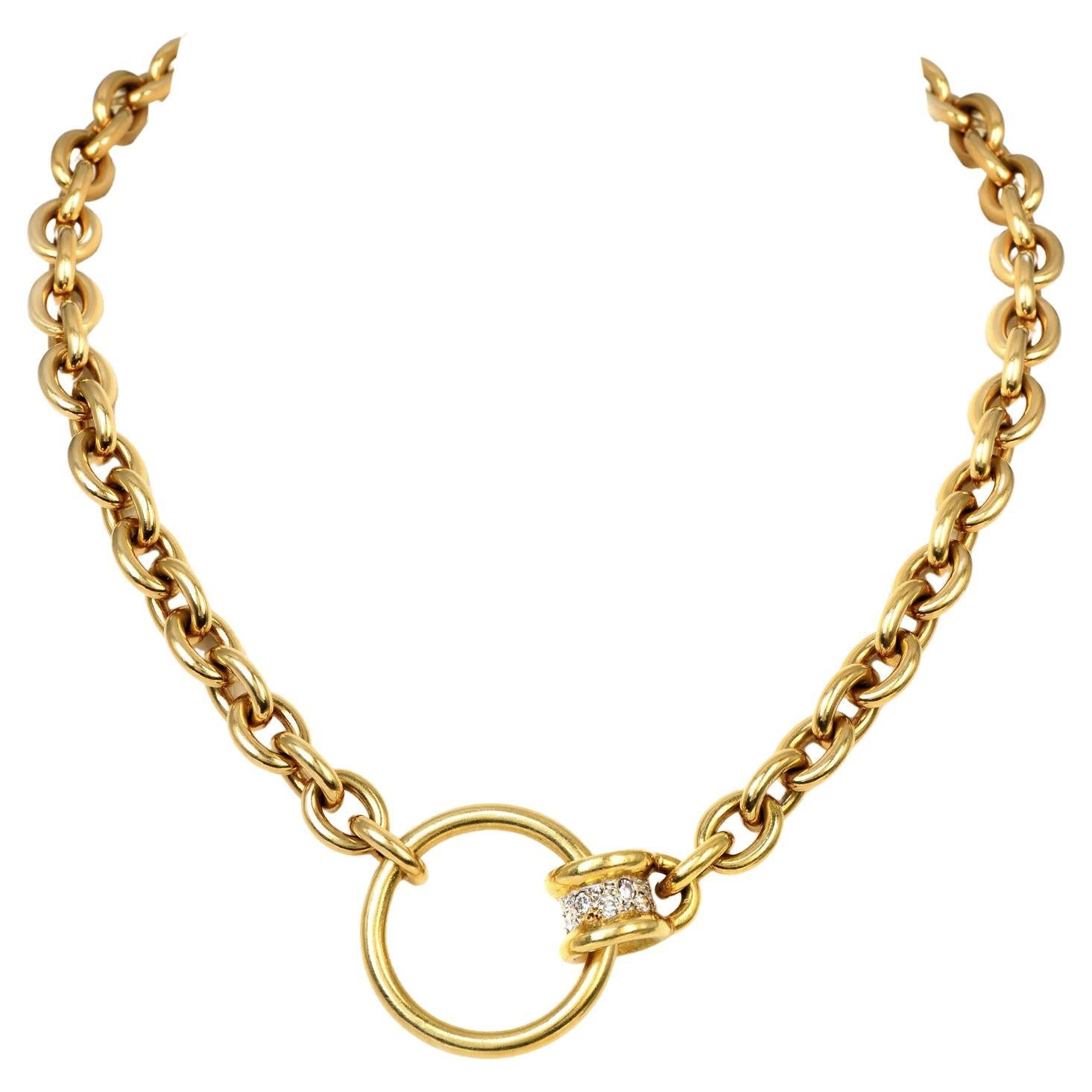 1980's Chic Italian Heavy Solid 18k Gold Diamond Choker Chain Necklace