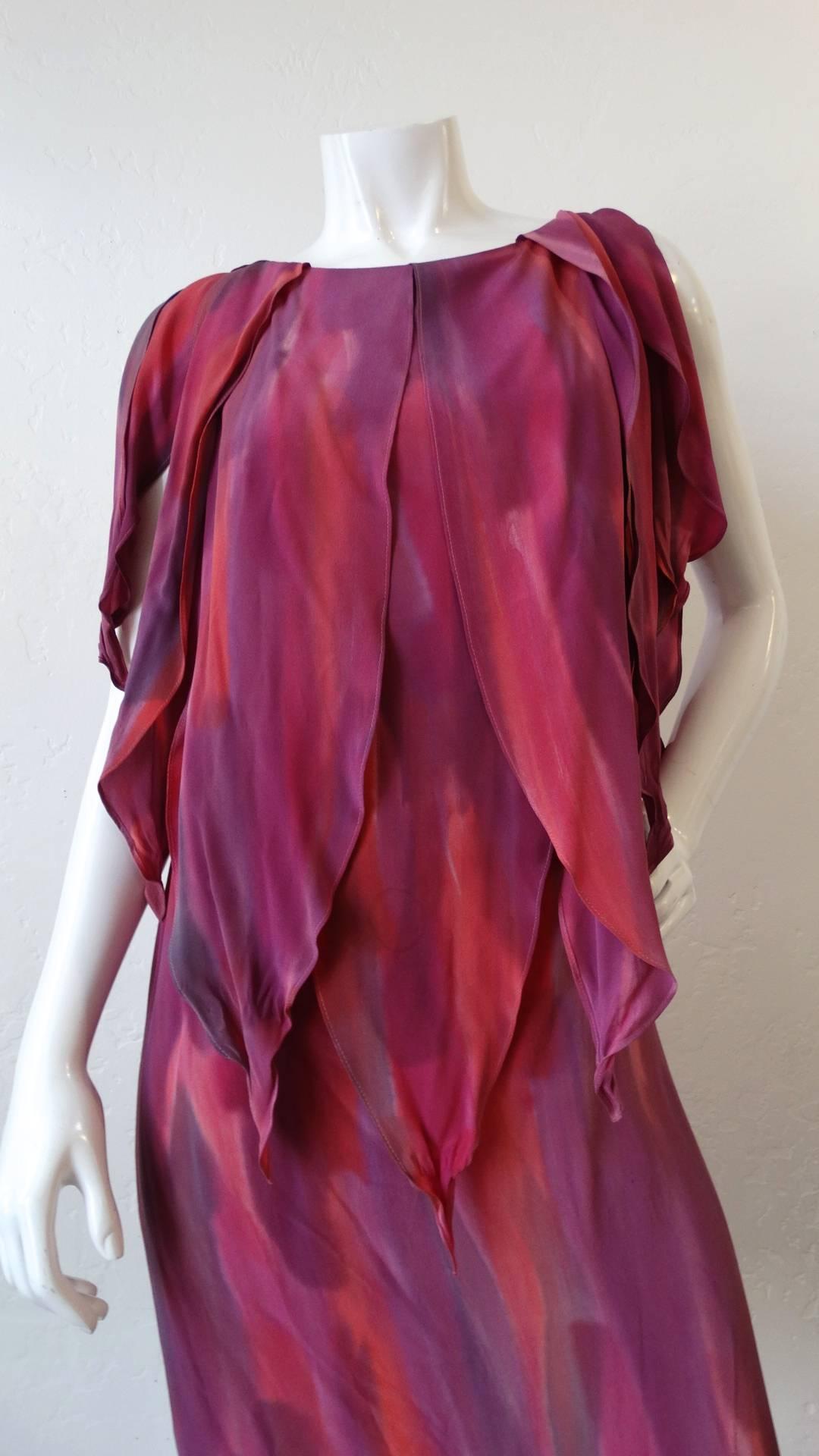 Brown 1980s Chiffon Watercolor Ruffle Petal Dress For Sale