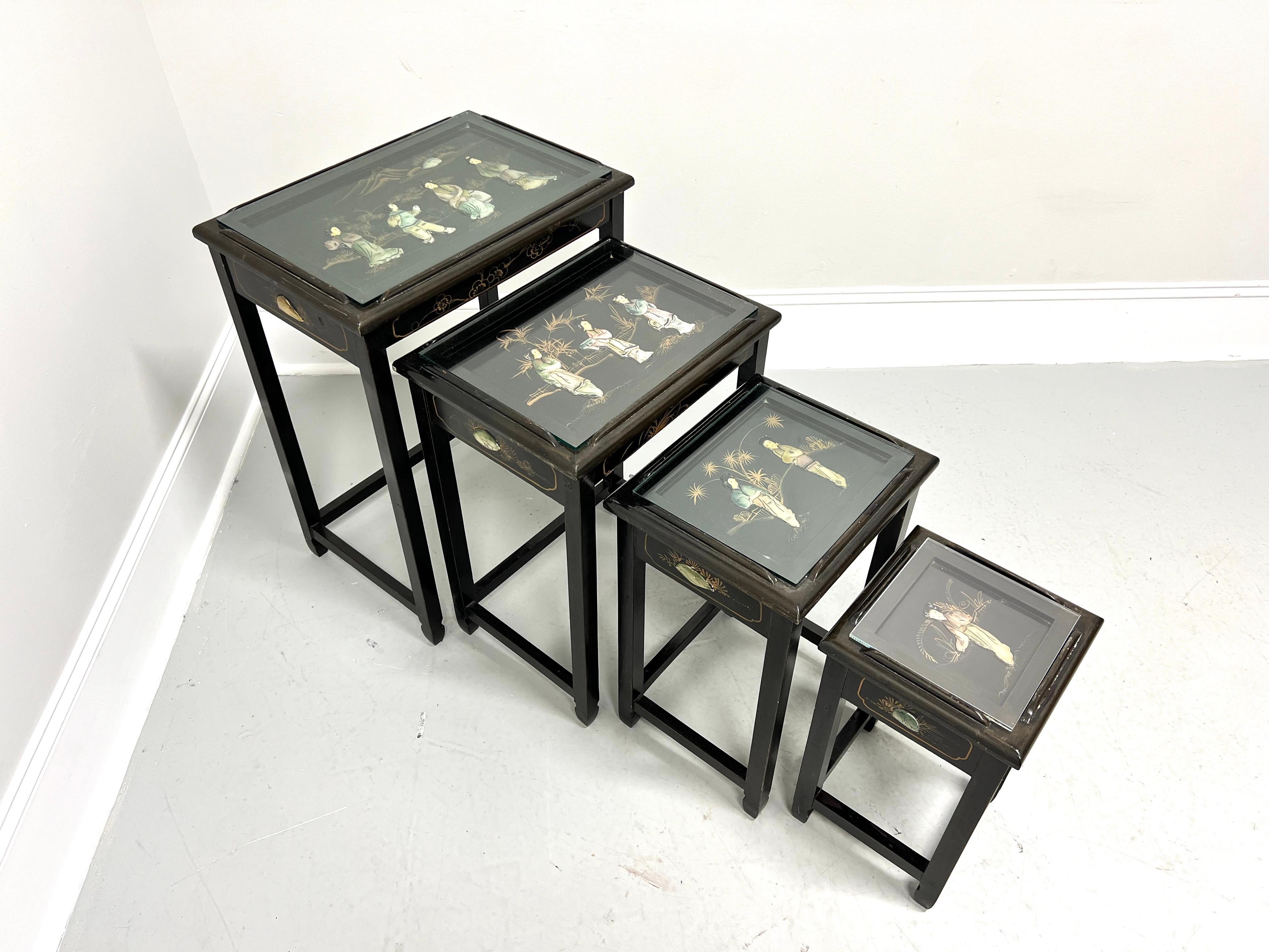 1980's Chinese Export Black Lacquer Hand Painted Nesting Tables - Set of 4 For Sale 6
