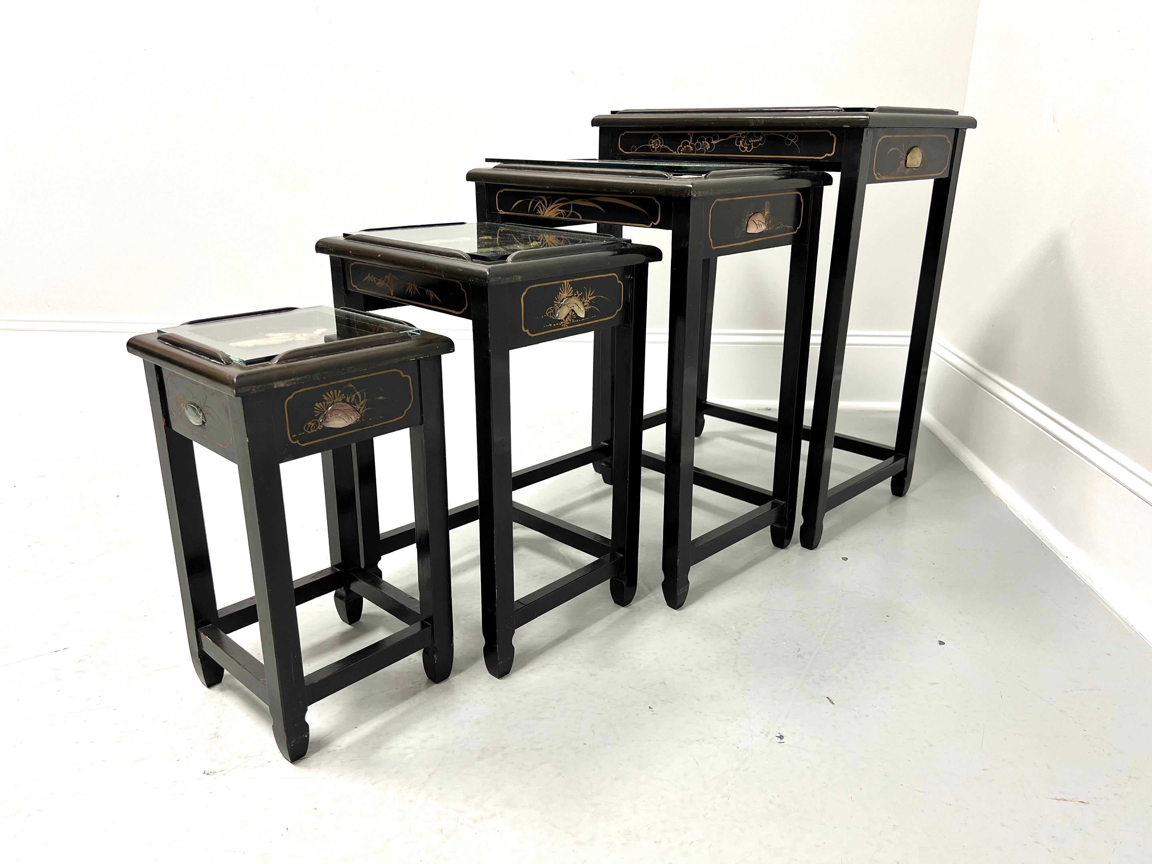 1980's Chinese Export Black Lacquer Hand Painted Nesting Tables - Set of 4 In Good Condition For Sale In Charlotte, NC