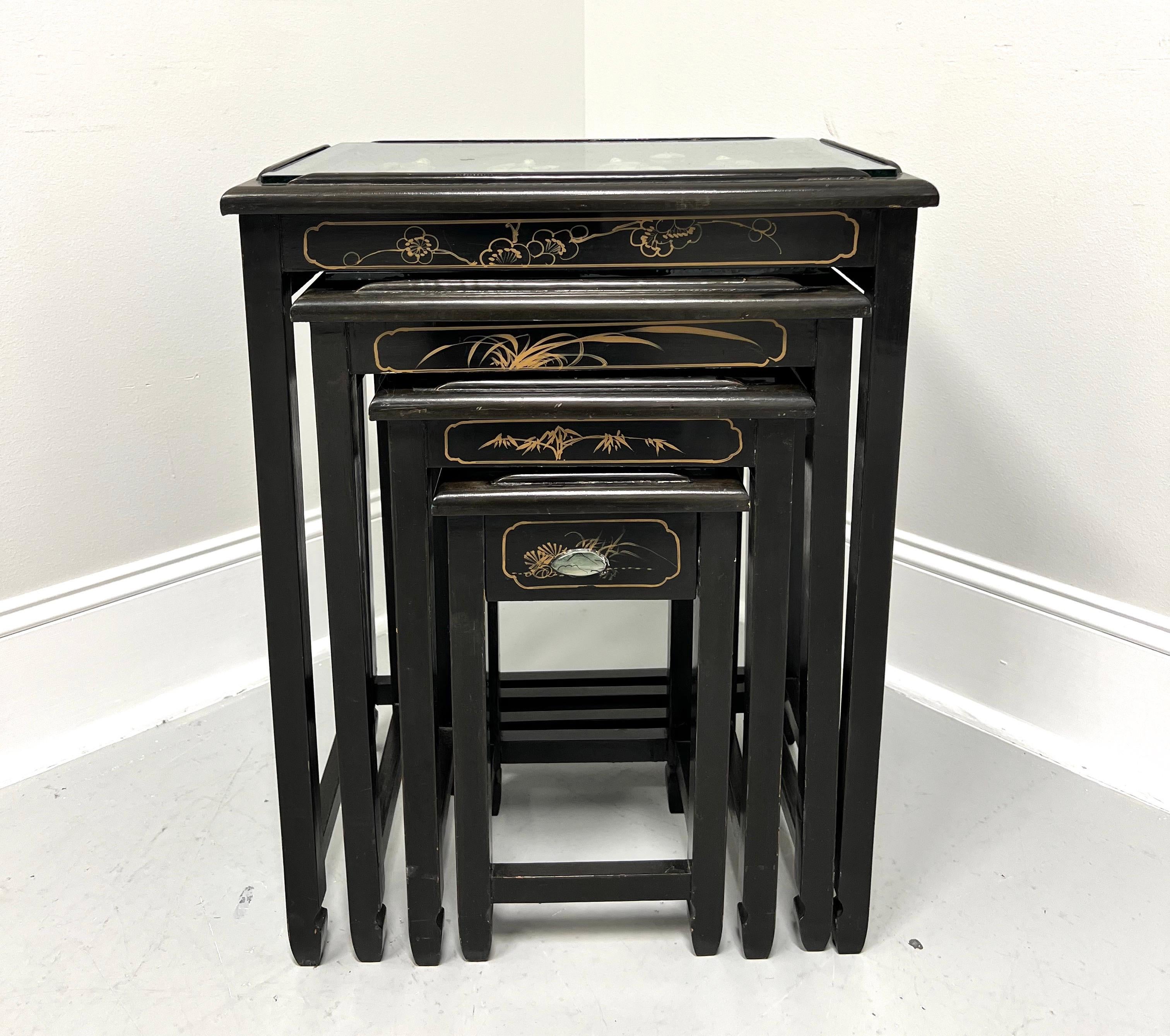 20th Century 1980's Chinese Export Black Lacquer Hand Painted Nesting Tables - Set of 4 For Sale