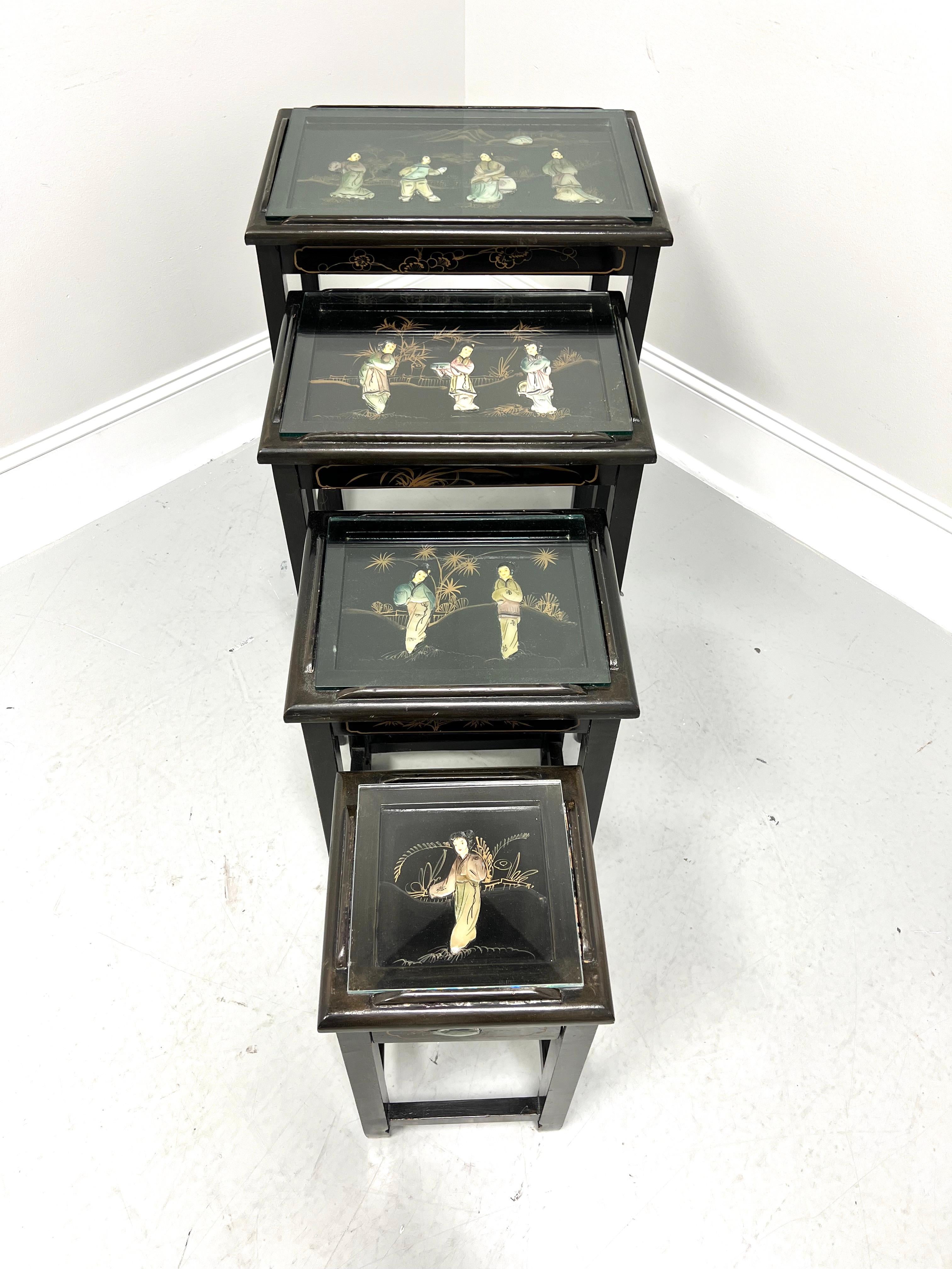 Glass 1980's Chinese Export Black Lacquer Hand Painted Nesting Tables - Set of 4 For Sale
