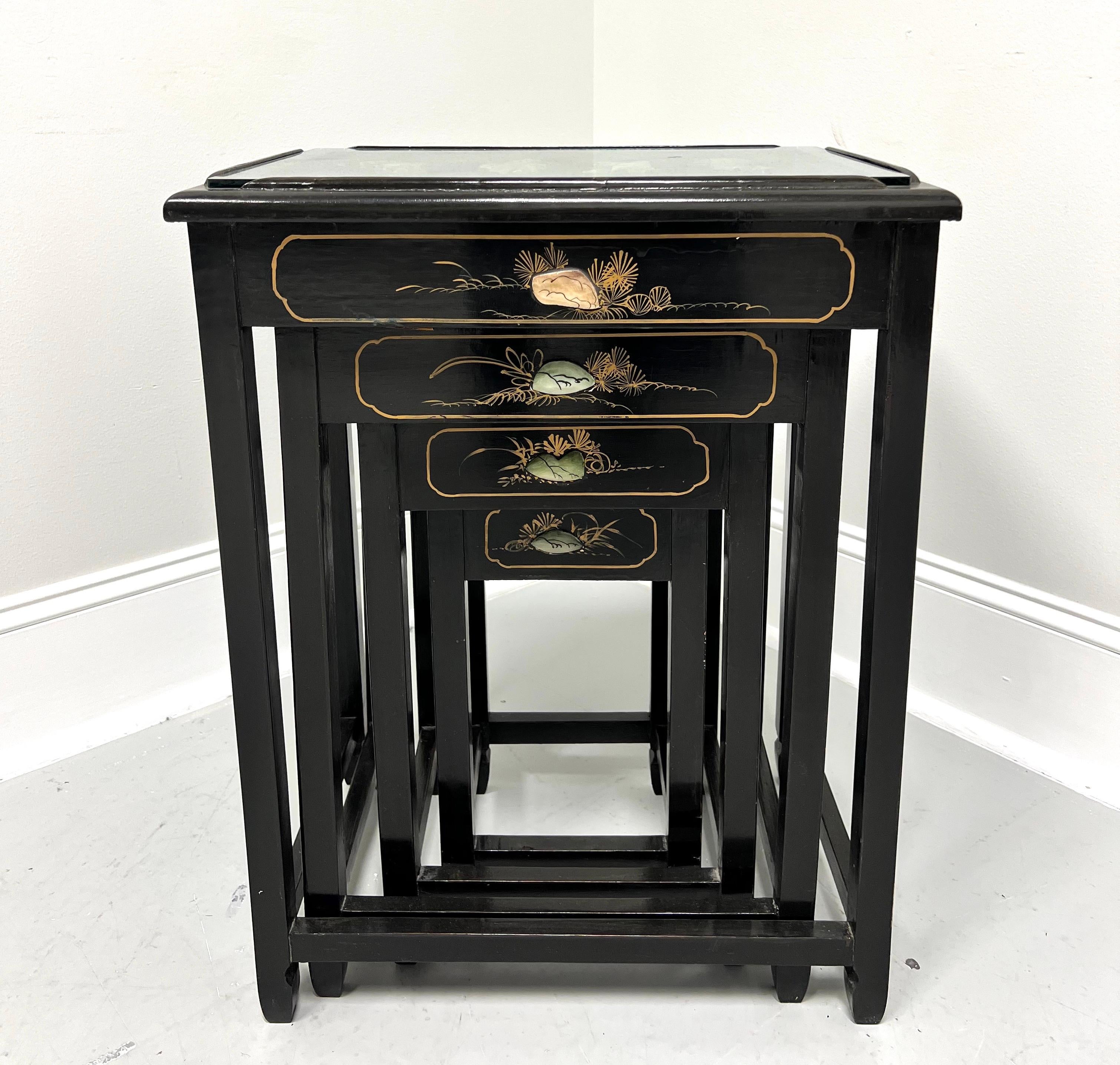 1980's Chinese Export Black Lacquer Hand Painted Nesting Tables - Set of 4 For Sale 1