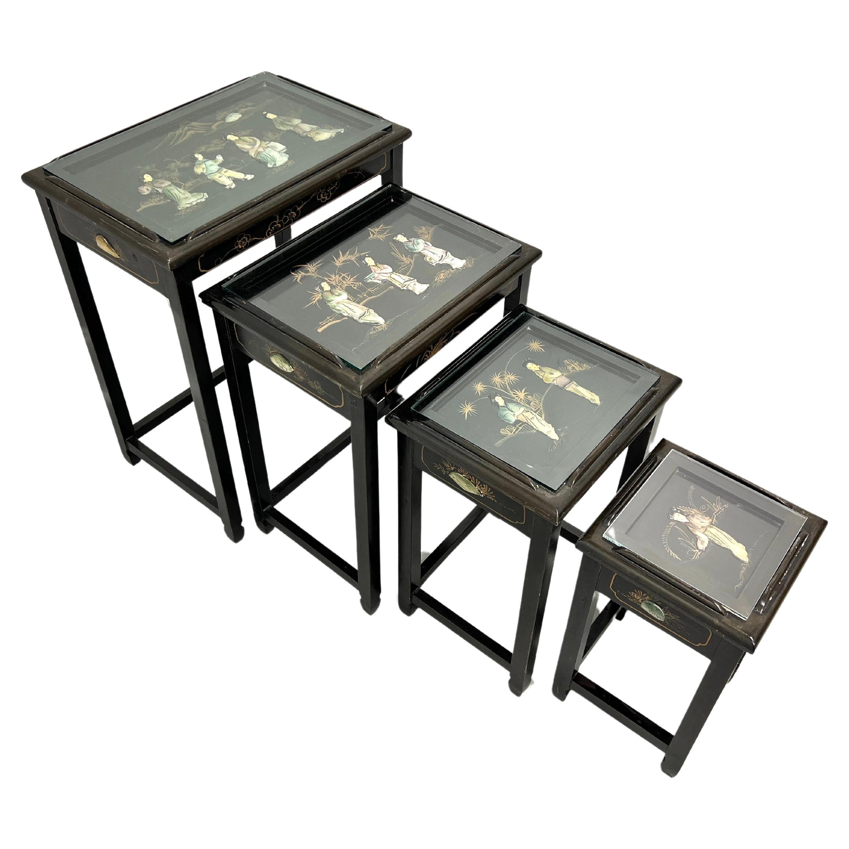 1980's Chinese Export Black Lacquer Hand Painted Nesting Tables - Set of 4 For Sale