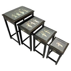 Retro 1980's Chinese Export Black Lacquer Hand Painted Nesting Tables - Set of 4