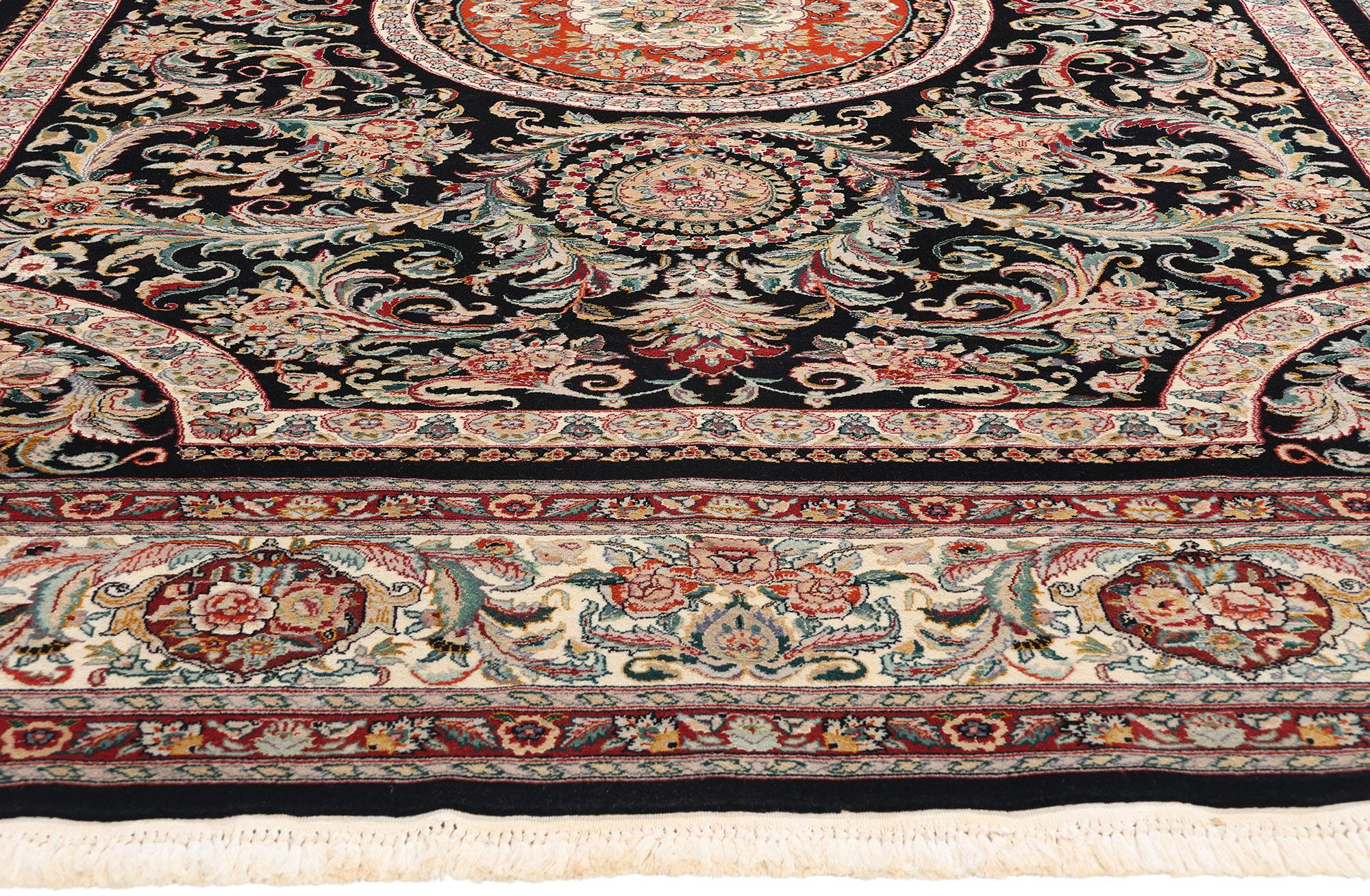 79095 Vintage Black Chinese Savonnerie Rug, 09'01 x 12'00. This captivating hand-knotted wool and silk vintage Chinese Savonnerie rug exemplifies an extraordinary fusion of Eastern craftsmanship with European sophistication. This vintage Chinese rug