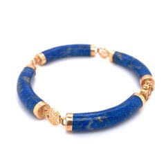 1980s Chinese Luck Symbol Lapis Lazuli Curved Link Bracelet in 14 Karat Gold