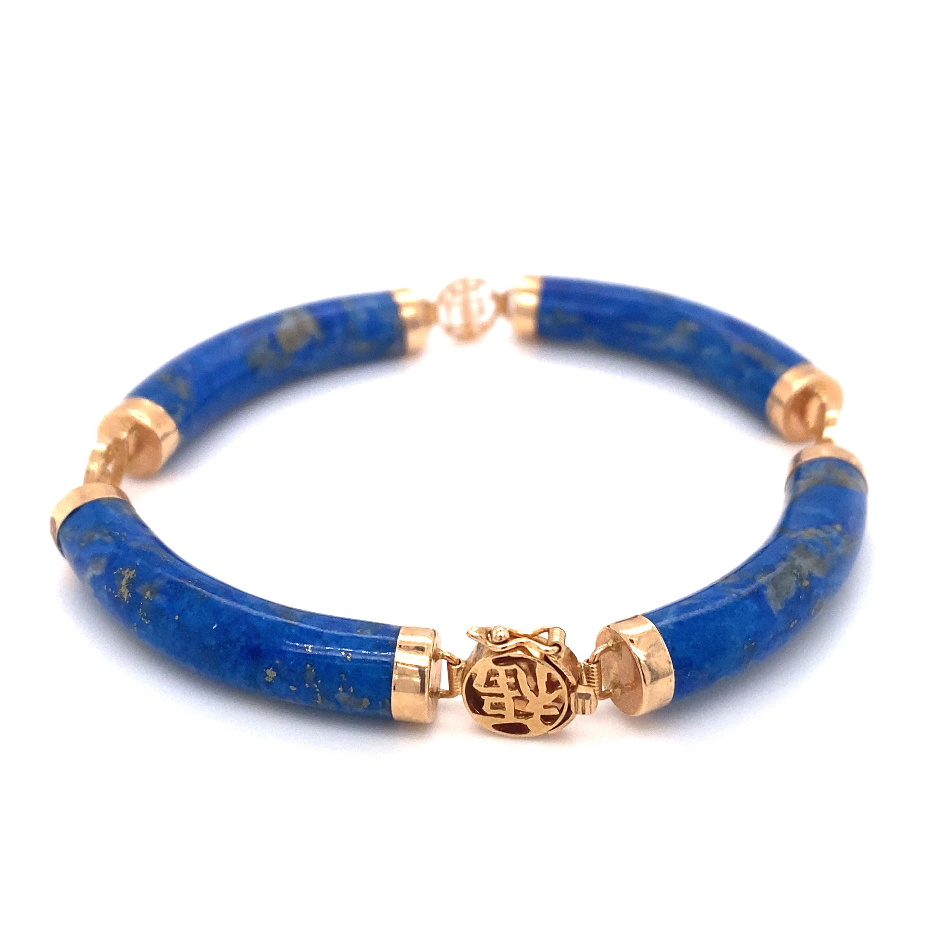 1980er Jahre Chinesisches Glückssymbol Lapislazuli geschwungenes Gliederarmband aus 14 Karat Gold (Moderne)
