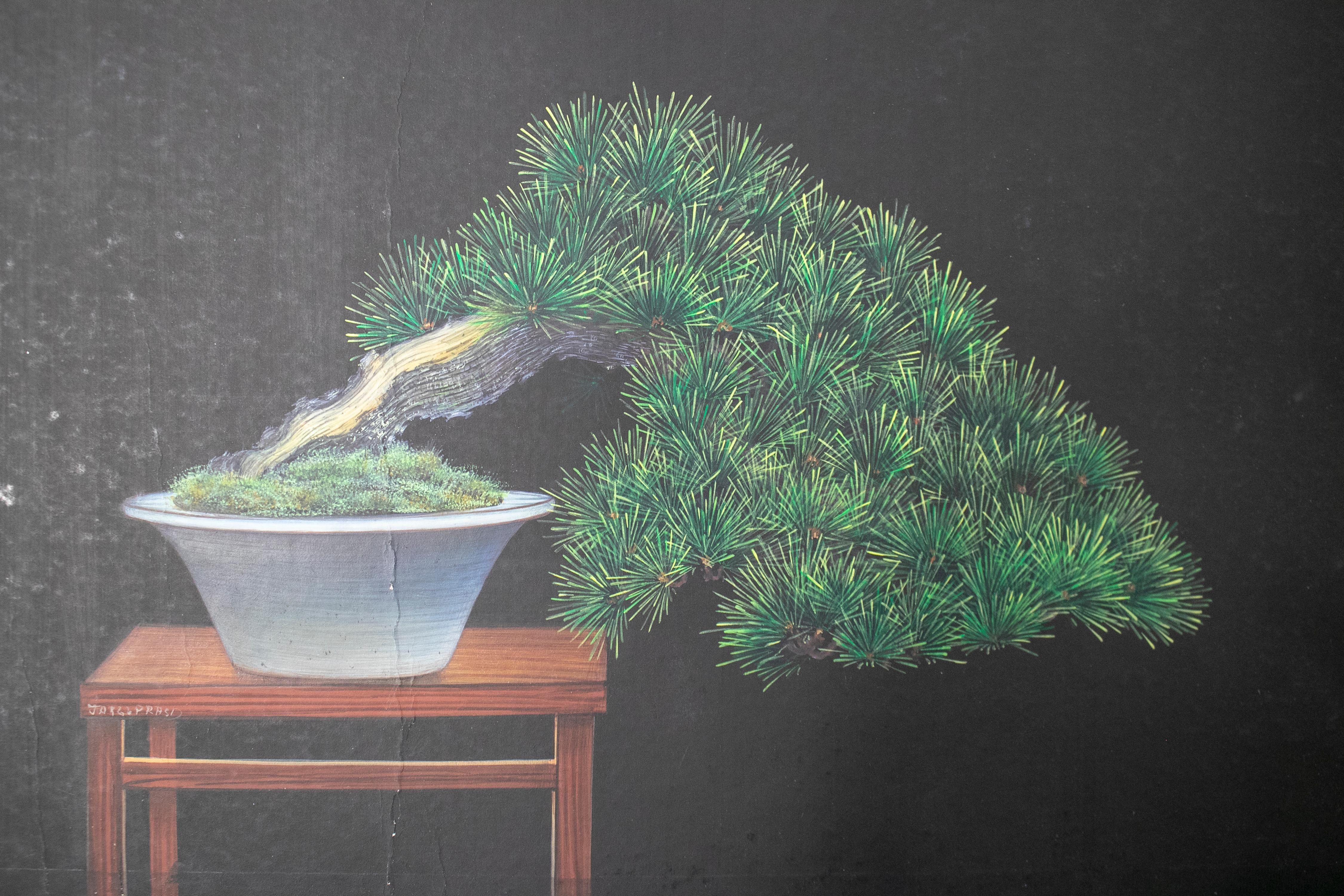 Chinois paire de peintures chinoises des années 1980:: huile sur toile:: Bonsai:: provenant d'une collection privée en vente