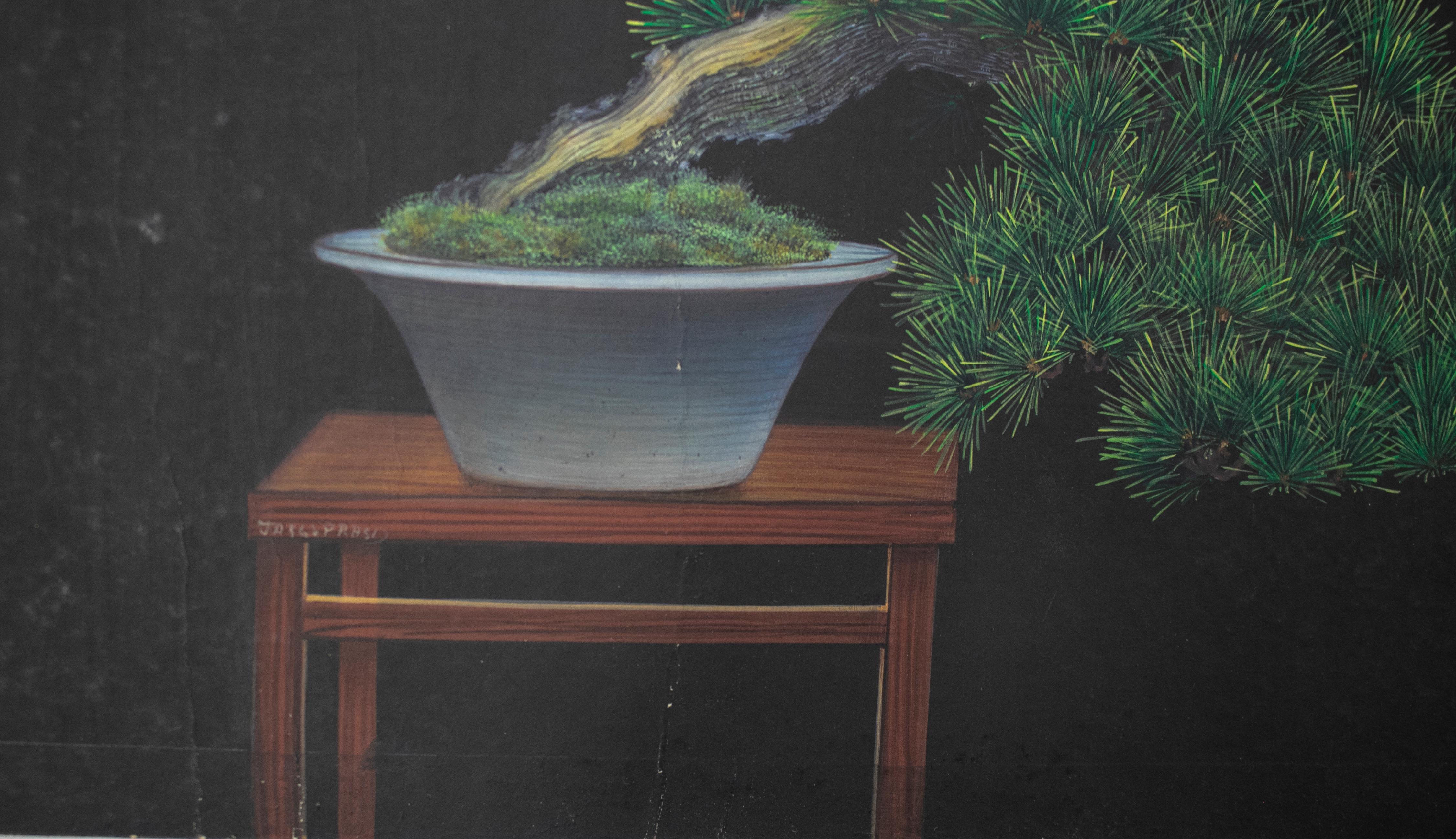 20th Century 1980s Chinese Pair of Oil on Canvas Bonsai Paintings from a Private Collection For Sale