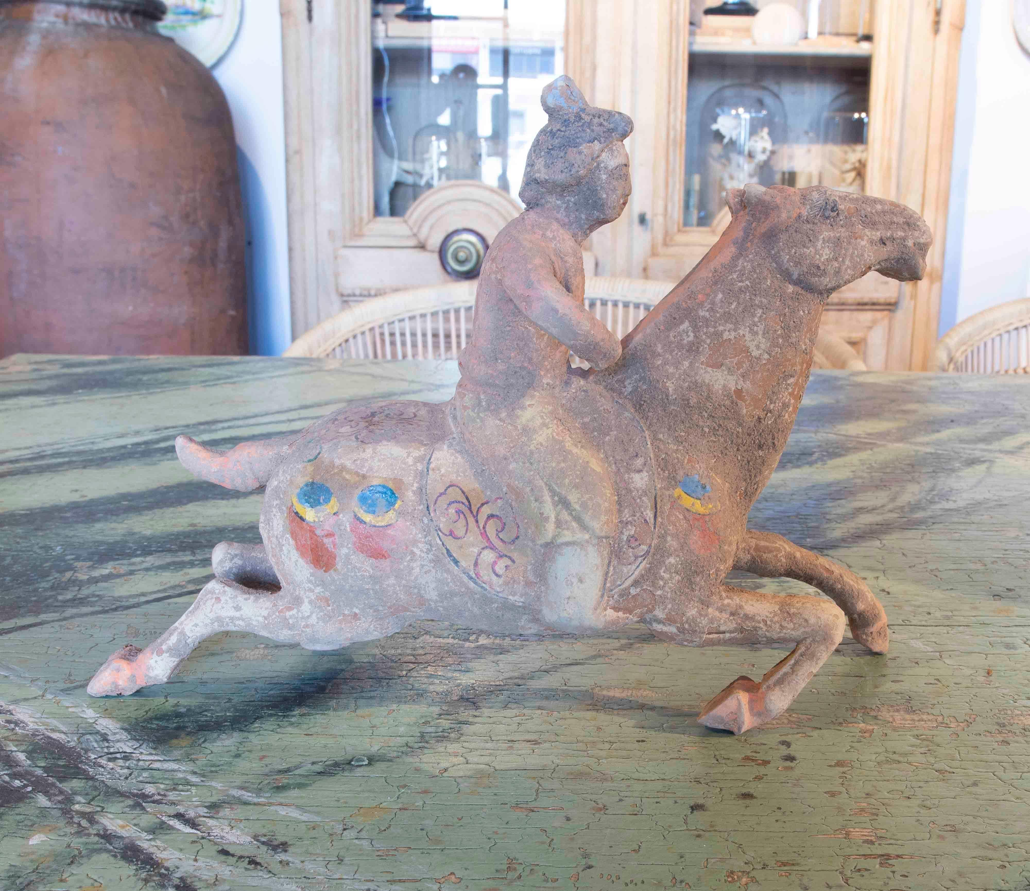 Clay 1980s Chinese Terracotta Horse with Remains of Polychromy For Sale