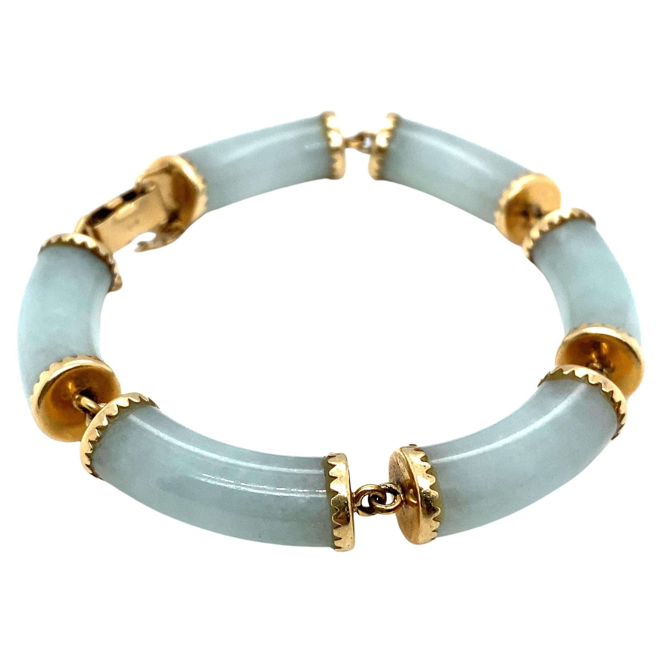 1980s Chinese White Jade Bar Link Bracelet in 14 Karat Gold