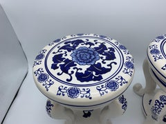 1980s Chinoiserie Blue and White Ceramic Plant Stands with Peony Motif, Pair