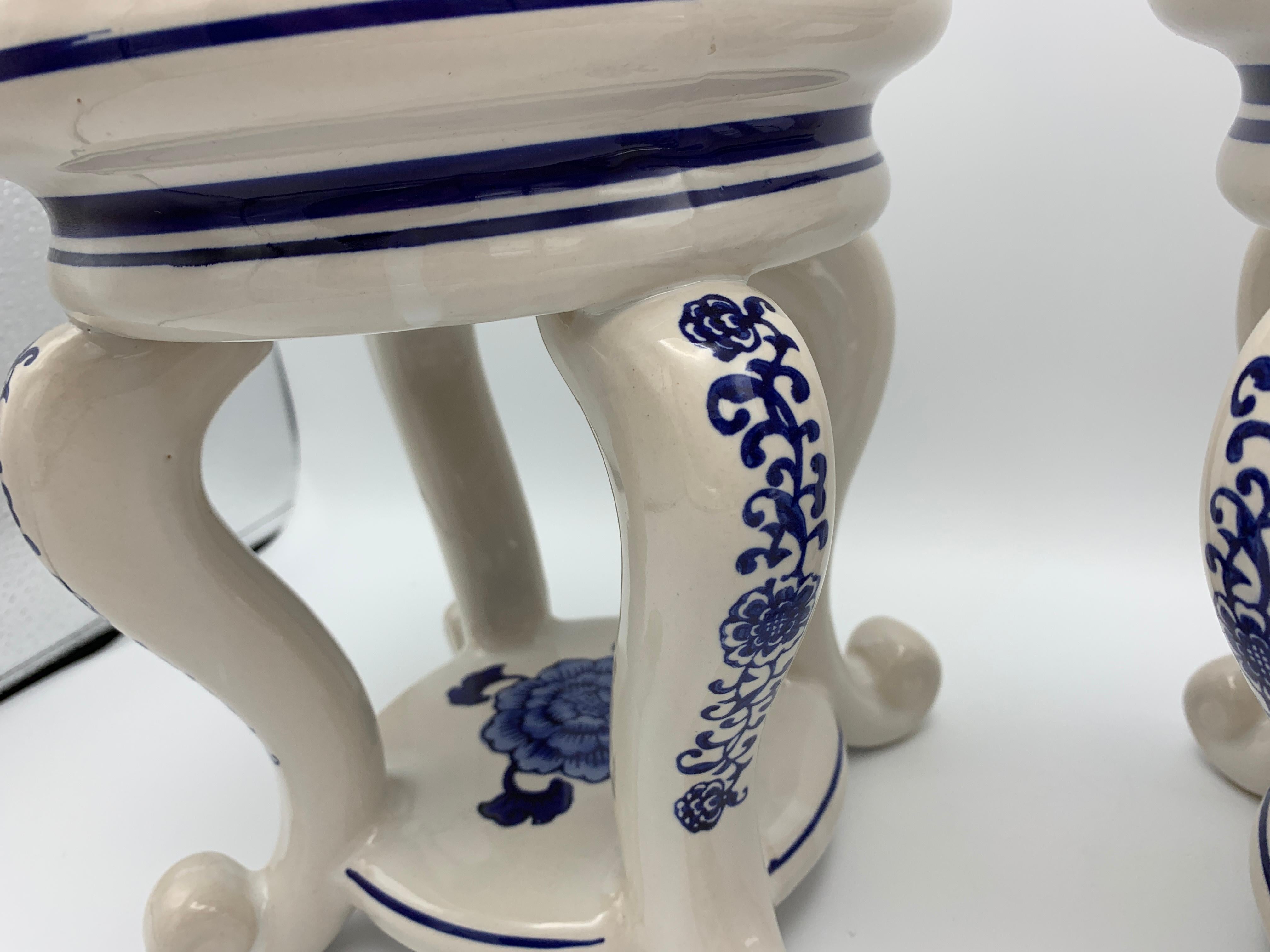 blue and white plant stand