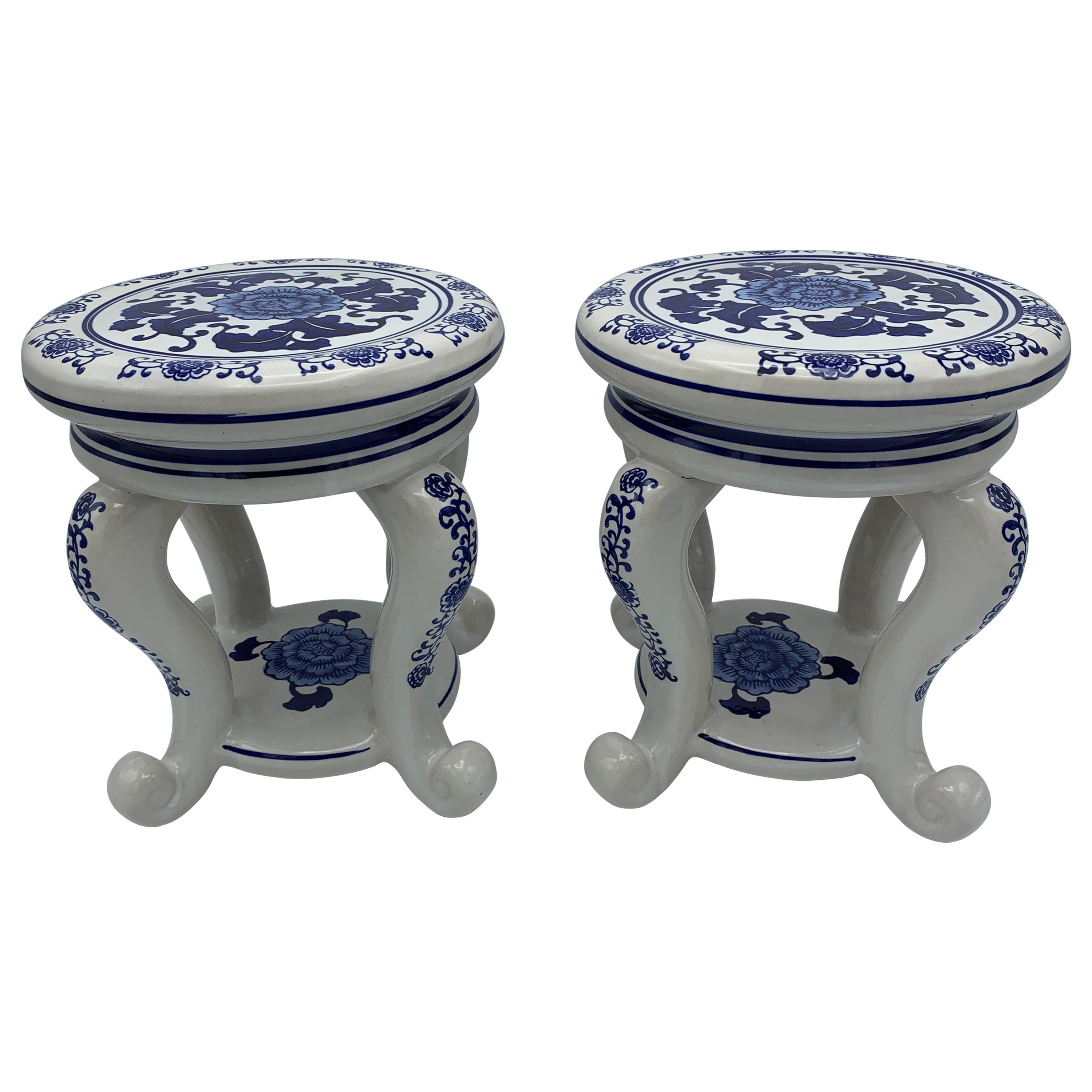 1980s Chinoiserie Blue and White Ceramic Plant Stands with Peony Motif, Pair For Sale