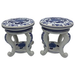 1980s Chinoiserie Blue and White Ceramic Plant Stands with Peony Motif, Pair