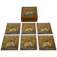 1980s Chinoiserie Lacqeured Wood Coasters with Box, Set of 6