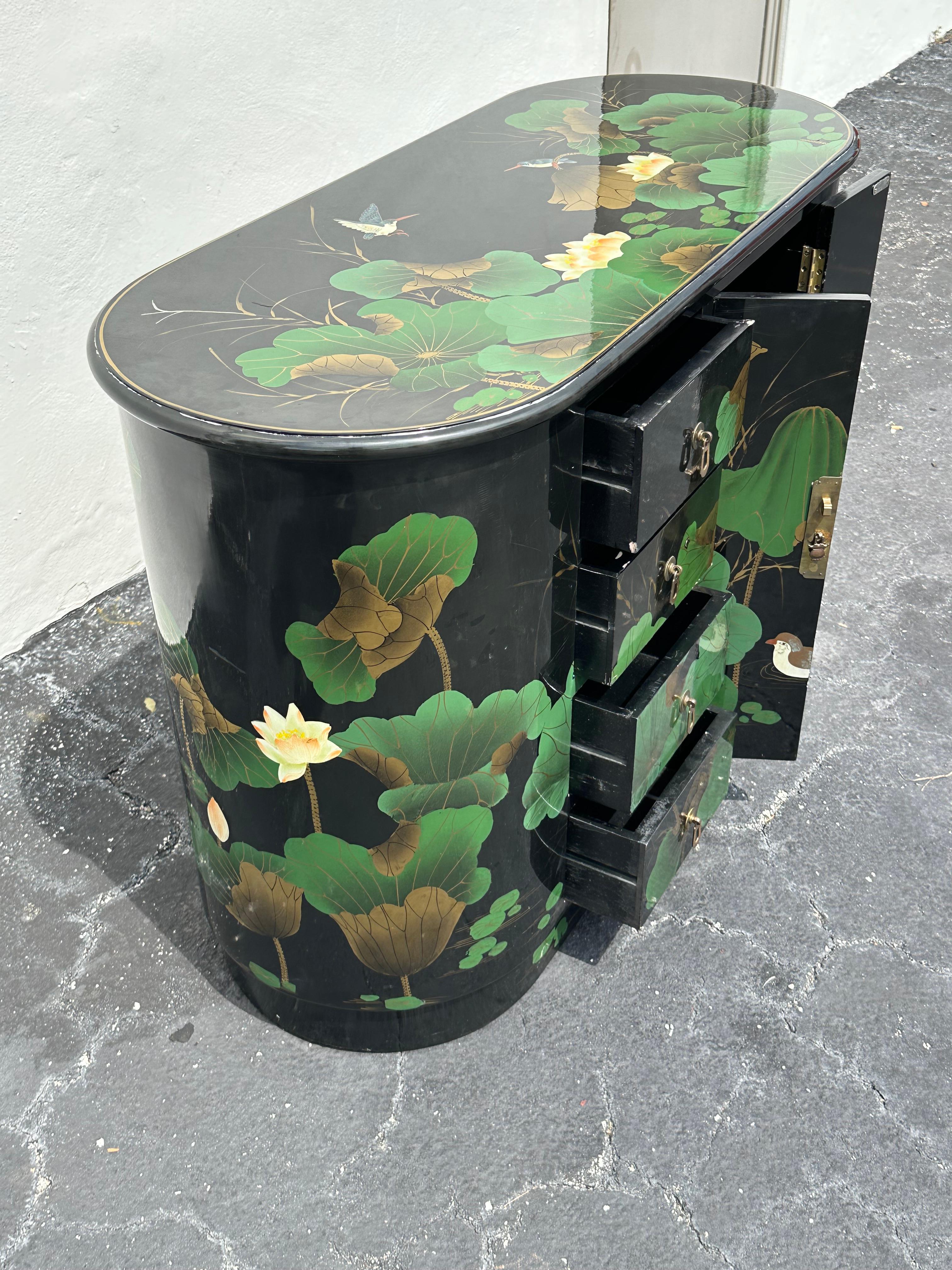 1980s Chinoiserie Style Oval Painted Black Green Sideboard Cabinet 4