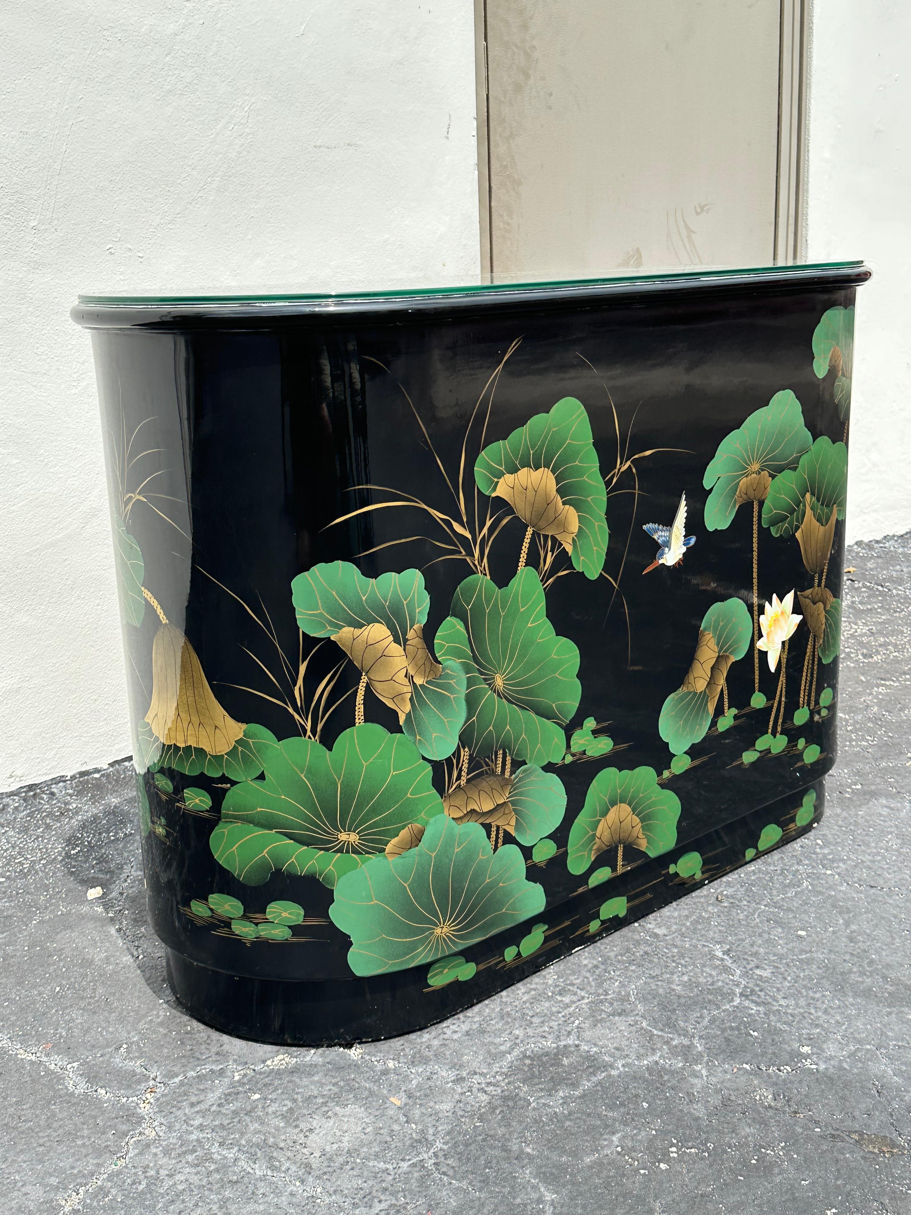 1980s Chinoiserie Style Oval Painted Black Green Sideboard Cabinet 5