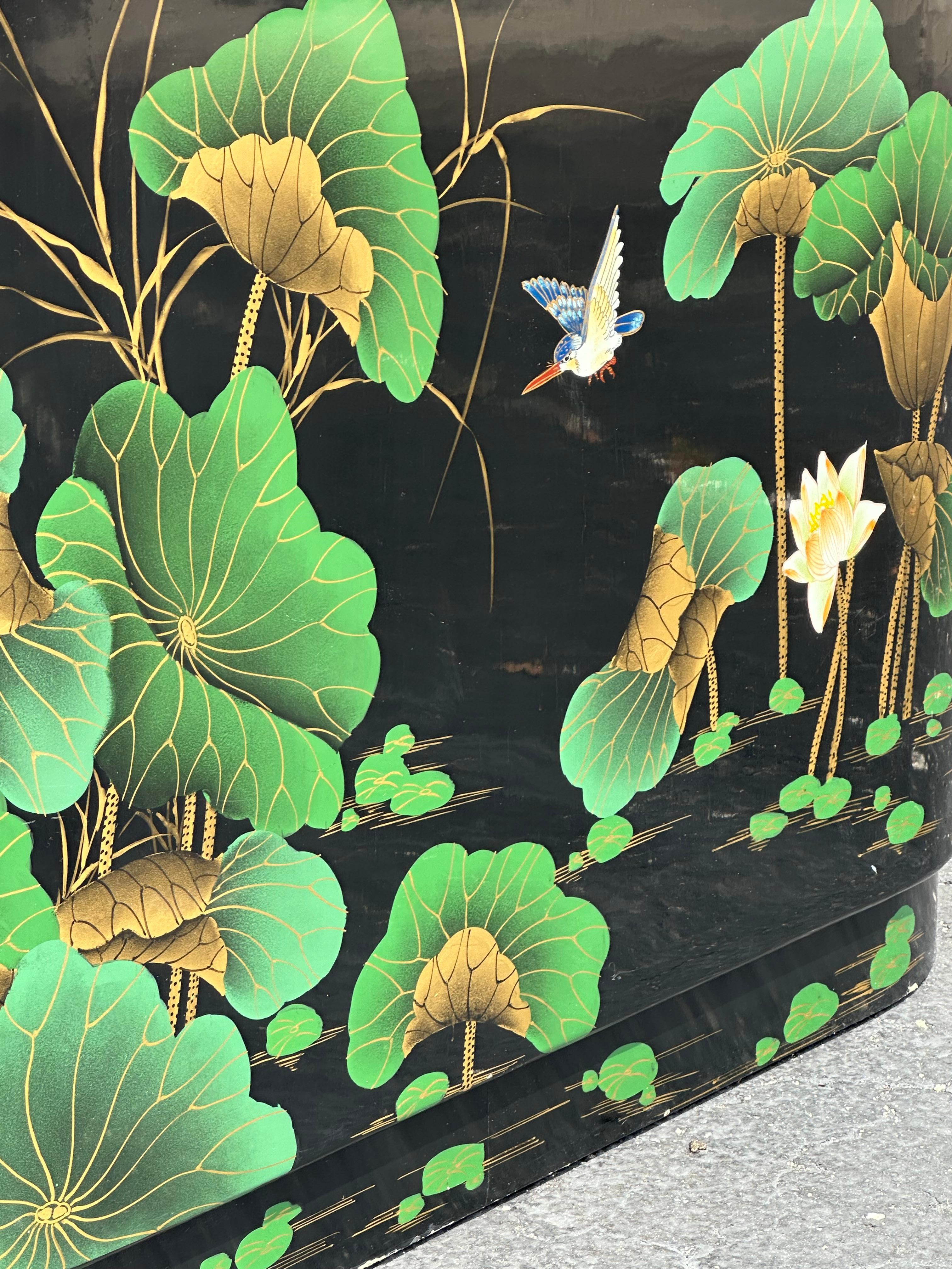 1980s Chinoiserie Style Oval Painted Black Green Sideboard Cabinet 6
