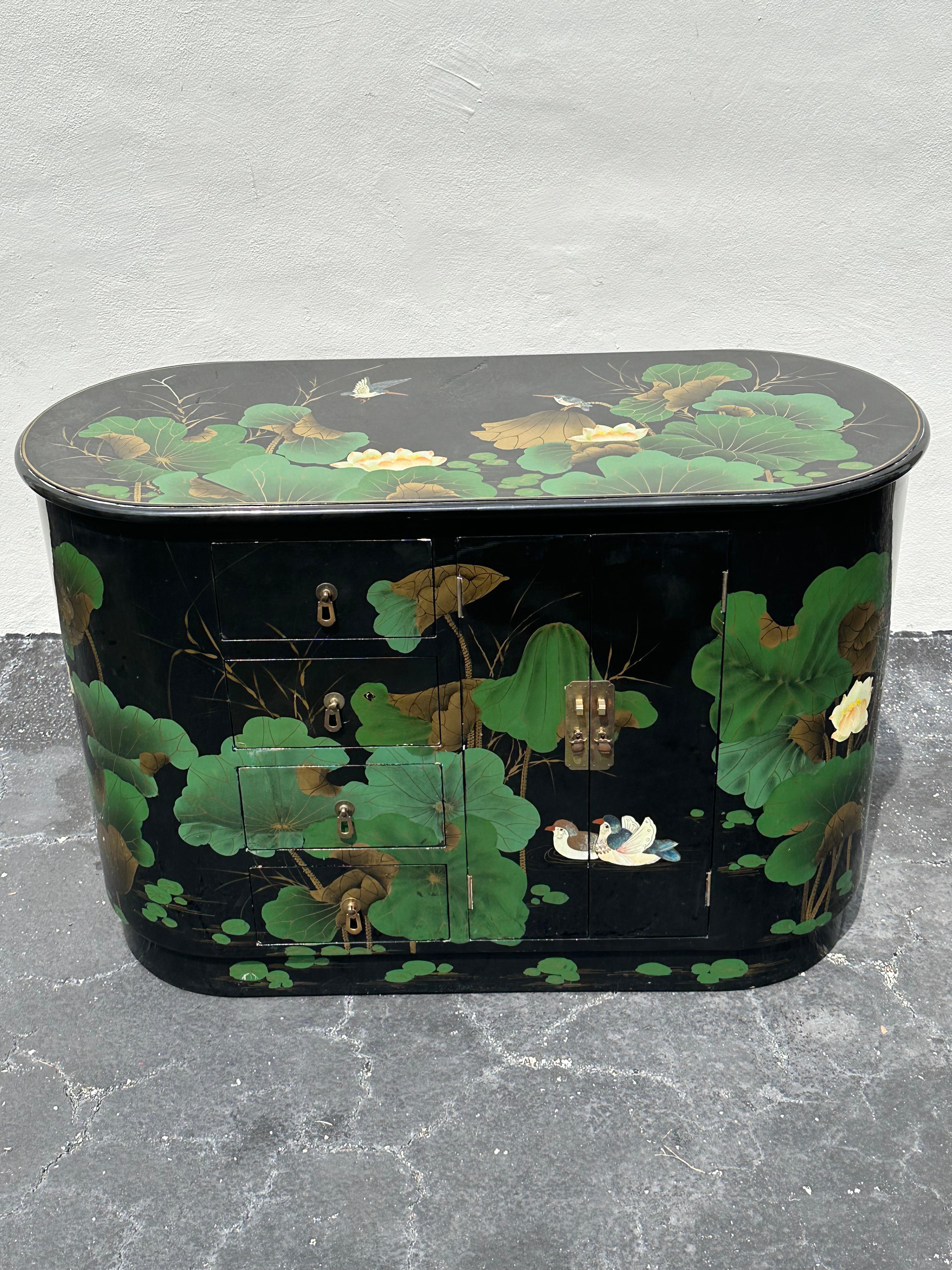 1980s Chinoiserie Style Oval Painted Black Green Sideboard Cabinet 7