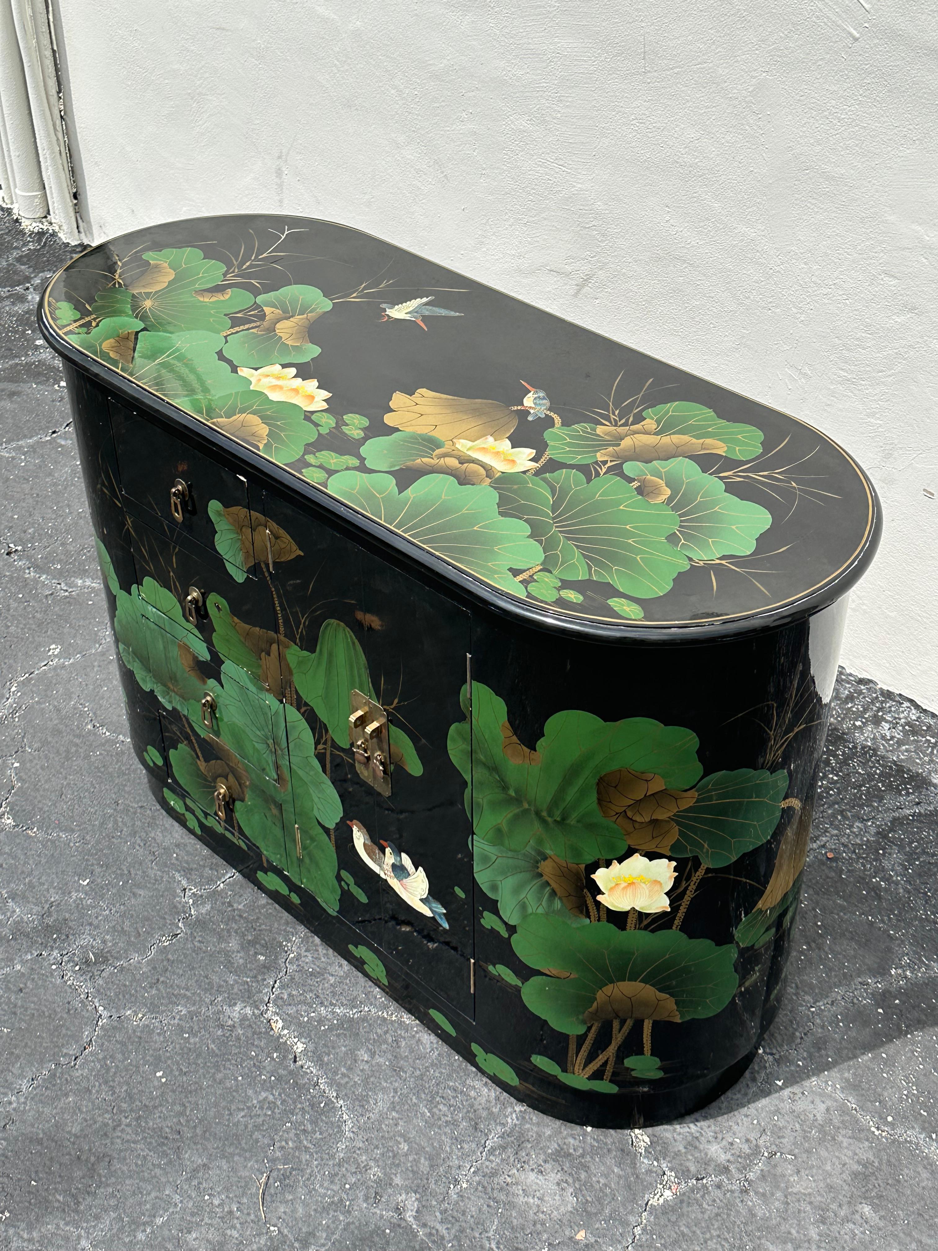 1980s Chinoiserie Style Oval Painted Black Green Sideboard Cabinet 8