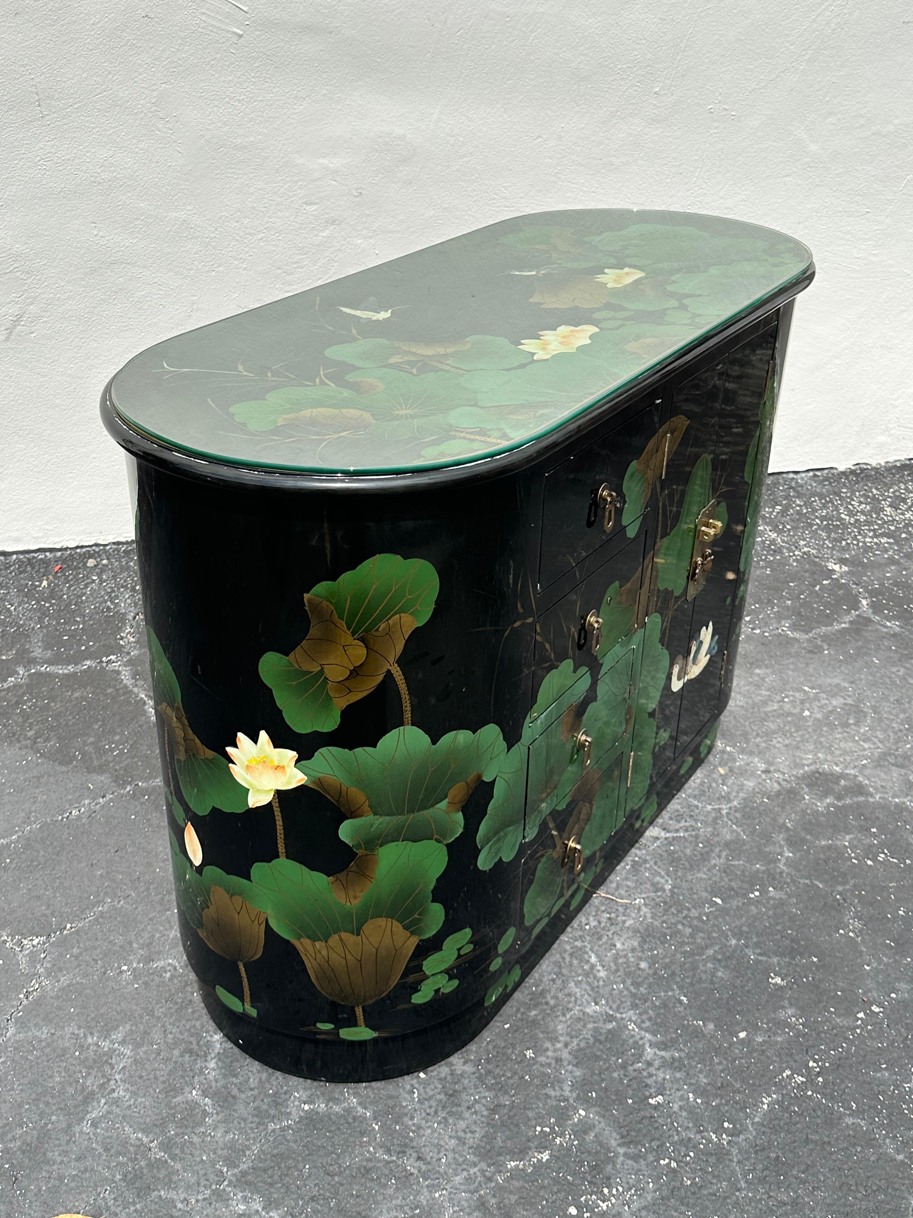 Asian 1980s Chinoiserie Style Oval Painted Black Green Sideboard Cabinet