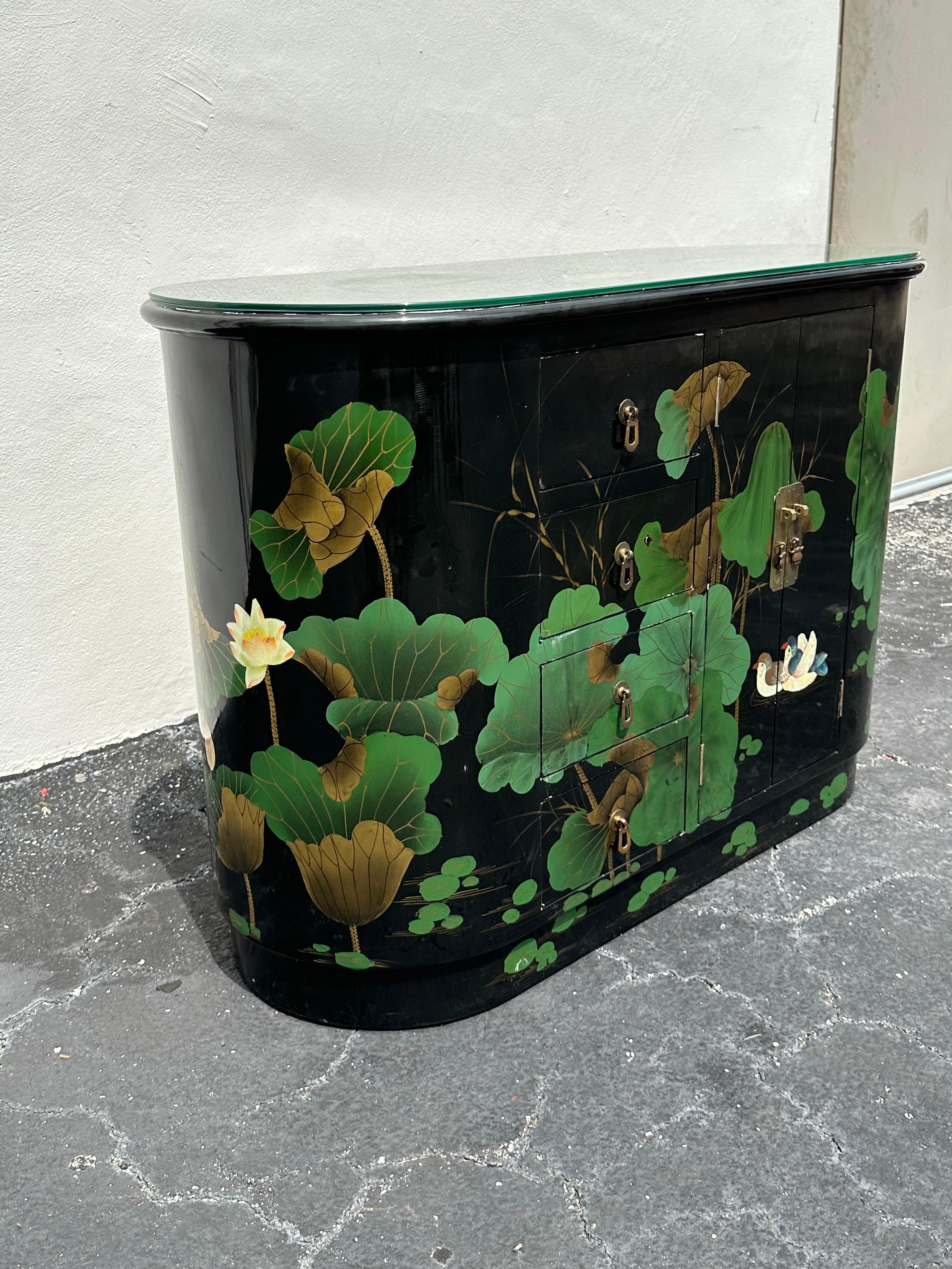1980s Chinoiserie Style Oval Painted Black Green Sideboard Cabinet In Good Condition In Fort Lauderdale, FL