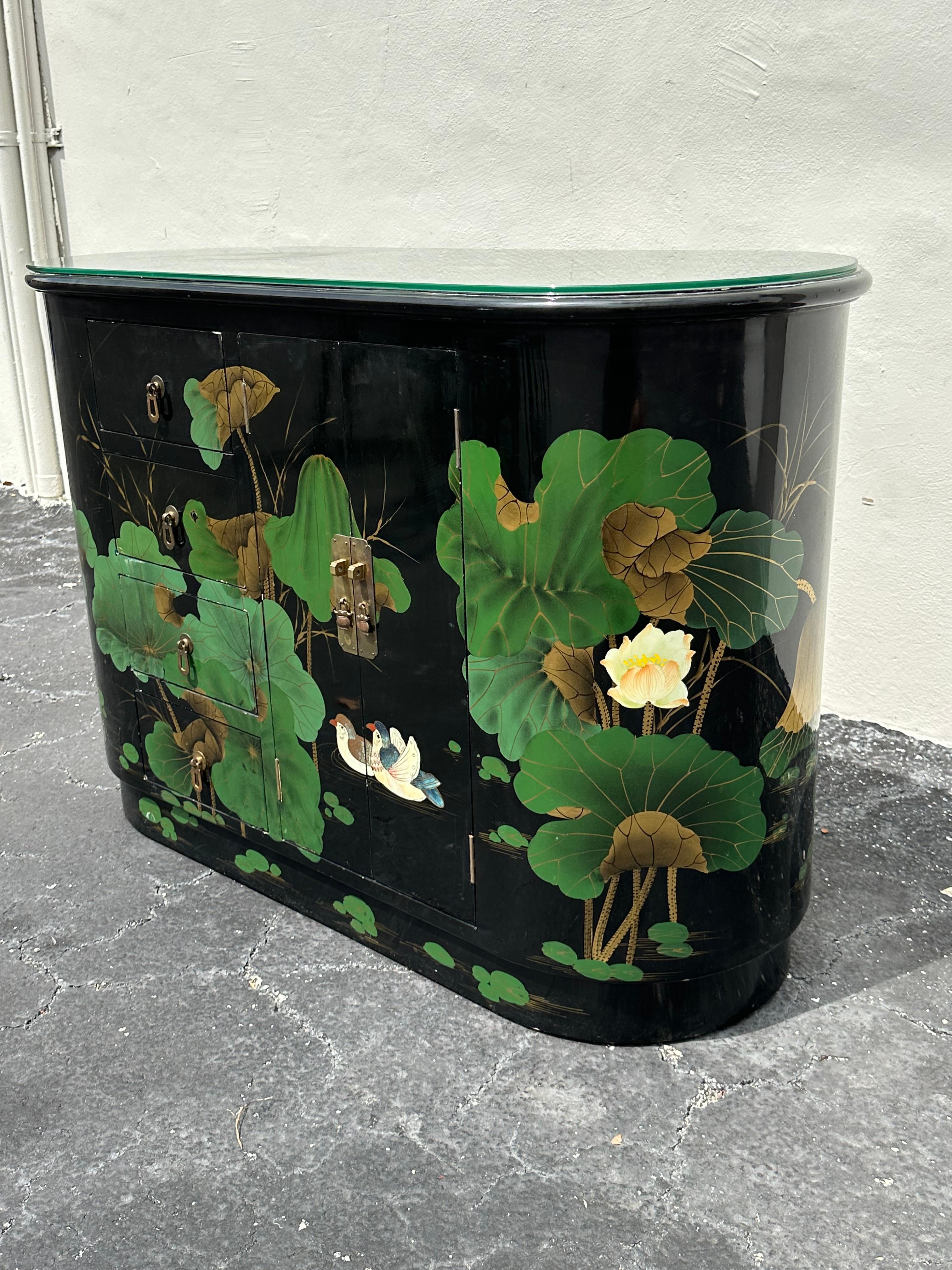 Late 20th Century 1980s Chinoiserie Style Oval Painted Black Green Sideboard Cabinet