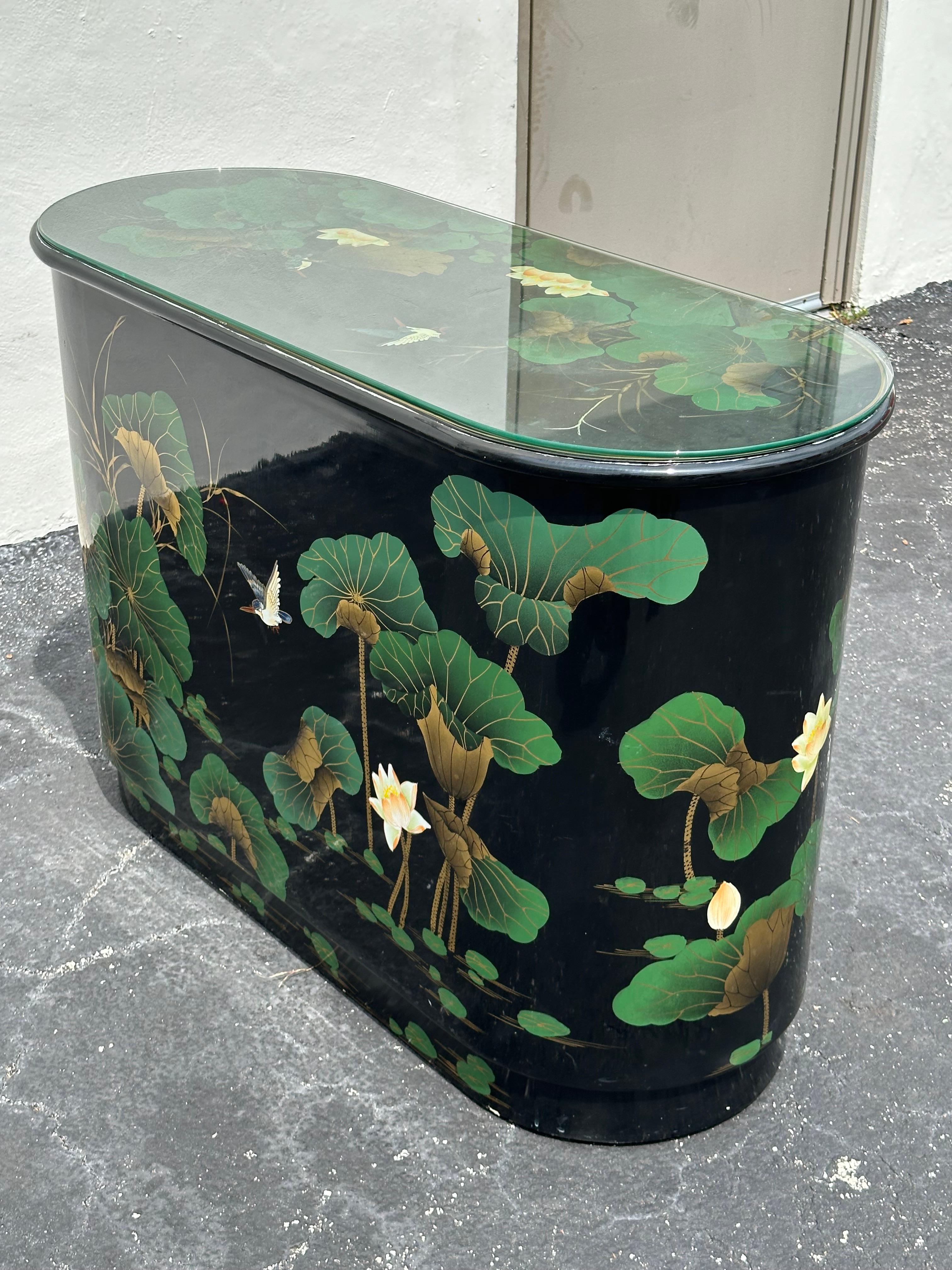 Glass 1980s Chinoiserie Style Oval Painted Black Green Sideboard Cabinet