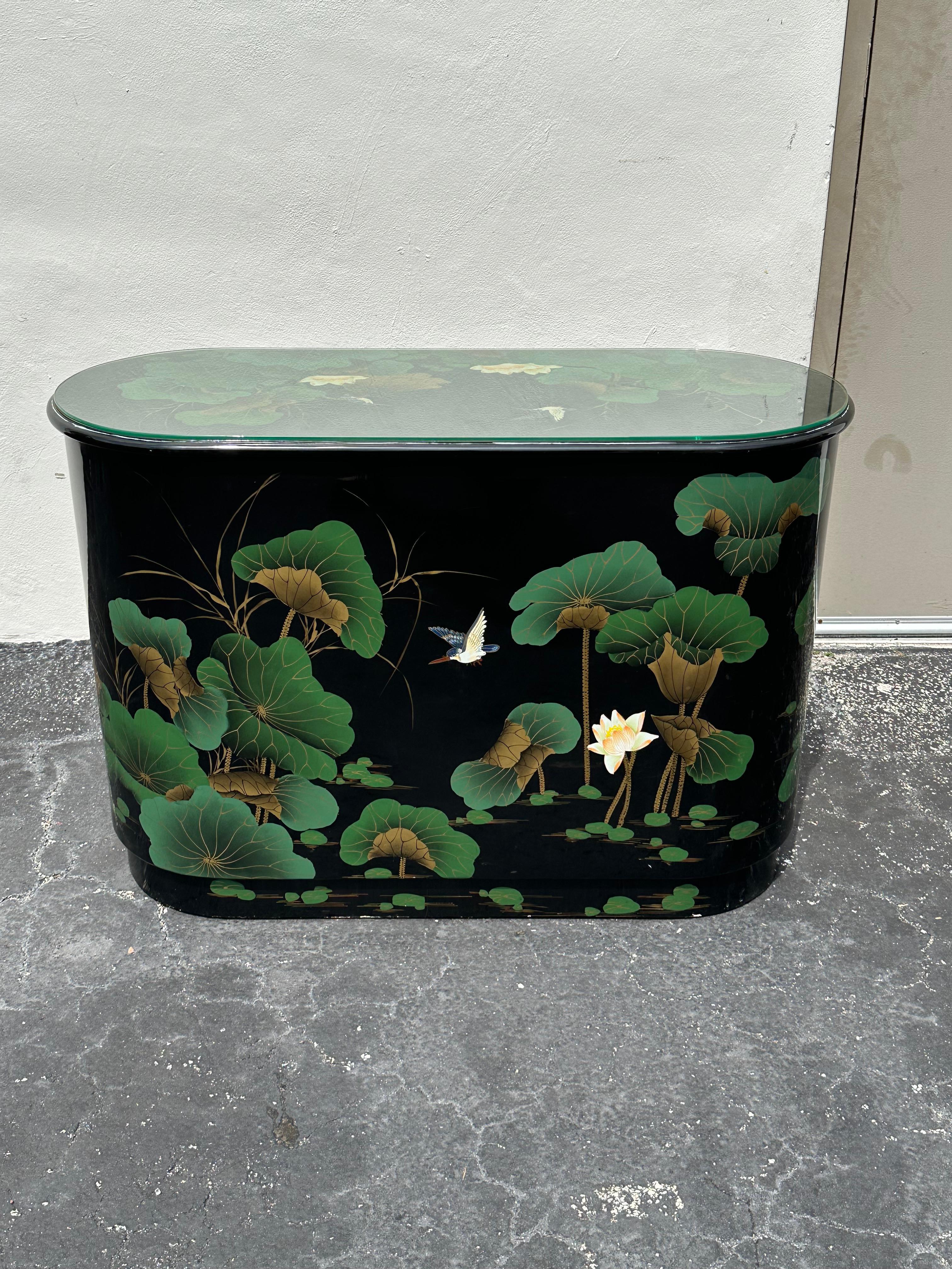 1980s Chinoiserie Style Oval Painted Black Green Sideboard Cabinet 1