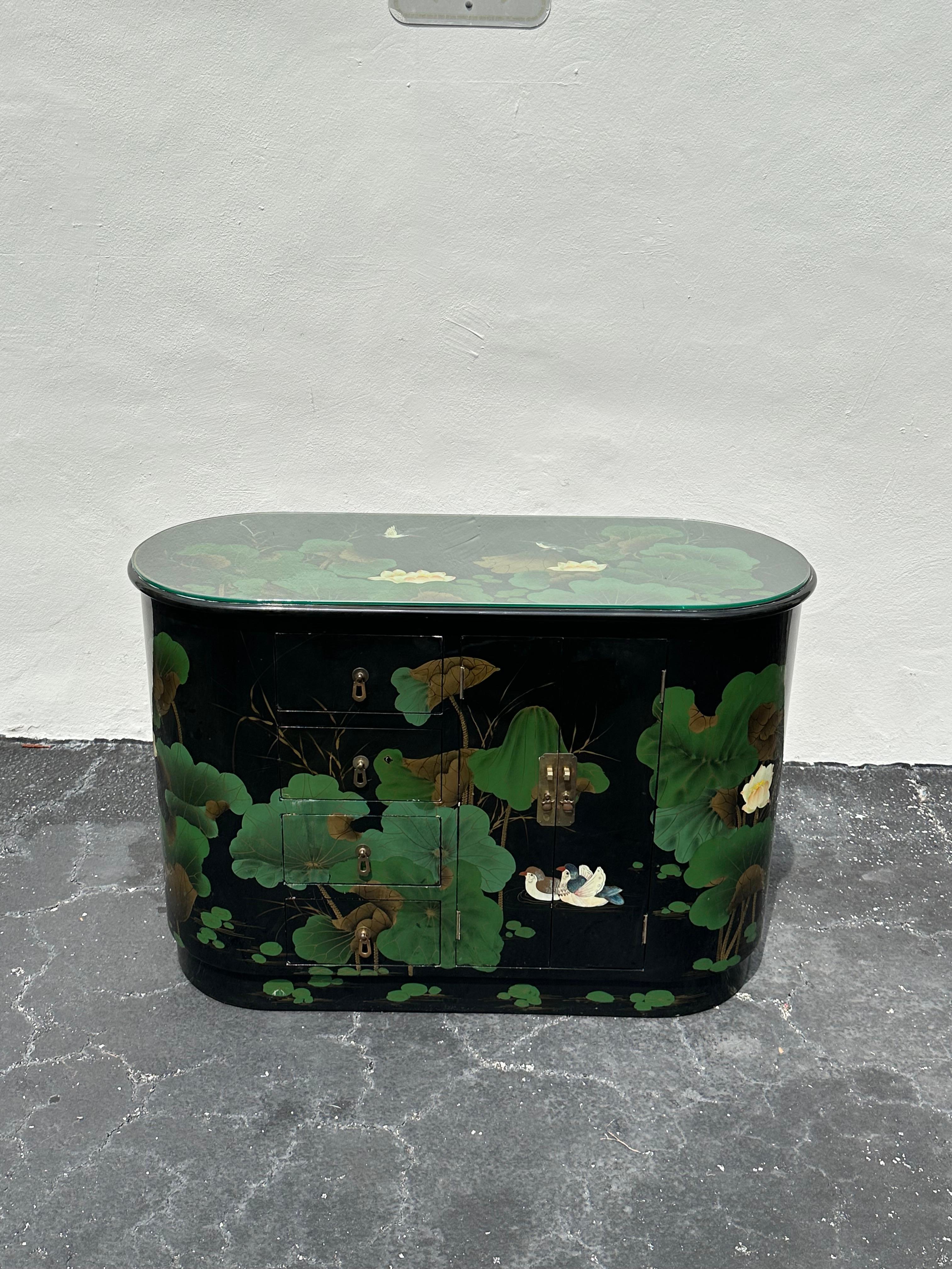 1980s Chinoiserie Style Oval Painted Black Green Sideboard Cabinet 2