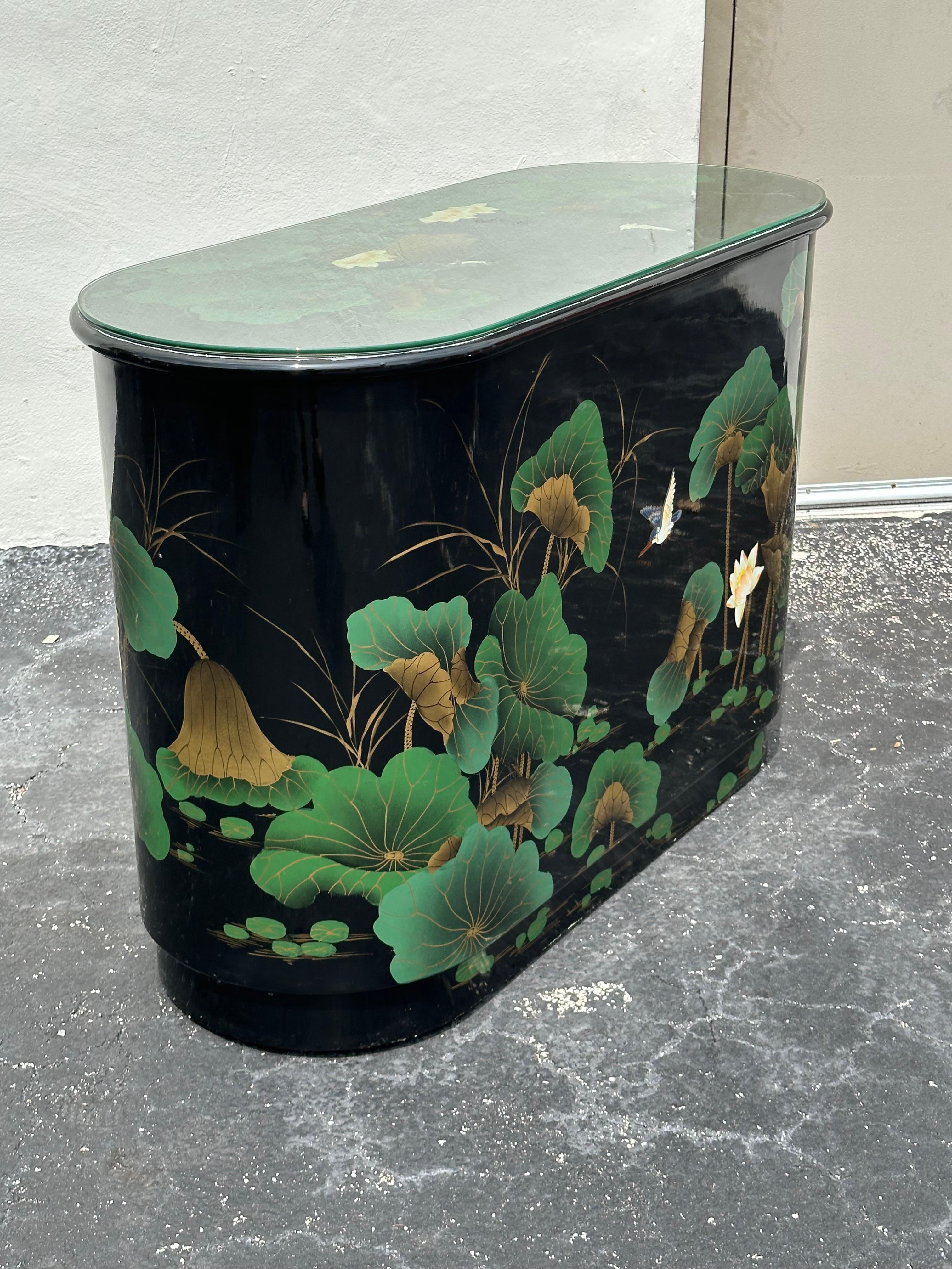 1980s Chinoiserie Style Oval Painted Black Green Sideboard Cabinet 3