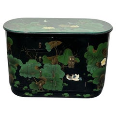 1980s Chinoiserie Style Oval Painted Black Green Sideboard Cabinet