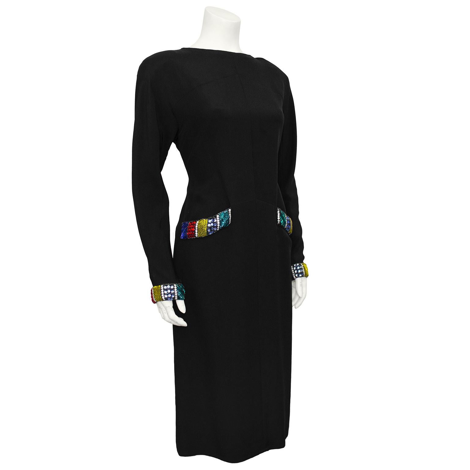 1980s Chloe dress with beaded cuffs and pockets. Designed by Karl Lagerfeld, this Chloe dress features his immaculate use of intricate beading on simple black silhouettes. The colour blocked beading is in excellent condition while the rest of the
