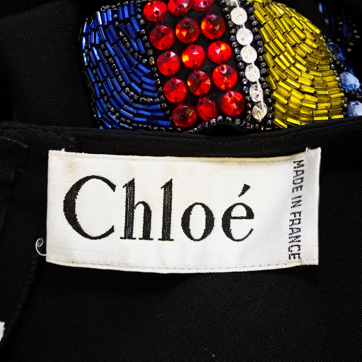 1980er Chloe Schwarzes Kleid mit bunter Perlenstickerei im Angebot 2