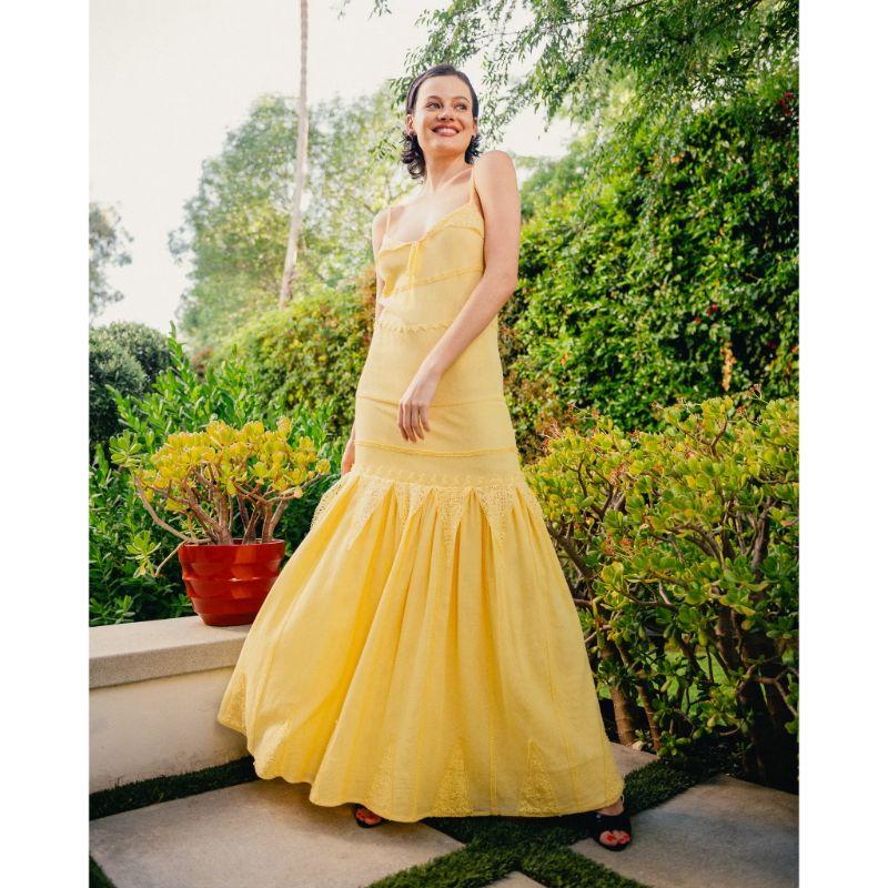 1980’s Chloe by Karl Lagerfeld pale canary yellow maxi gown with intricate crochet lace details at drop waist and neckline. Built in horsehair creates an elegant shape. White pearlescent button closure at back. Truly one of a kind.

Additional