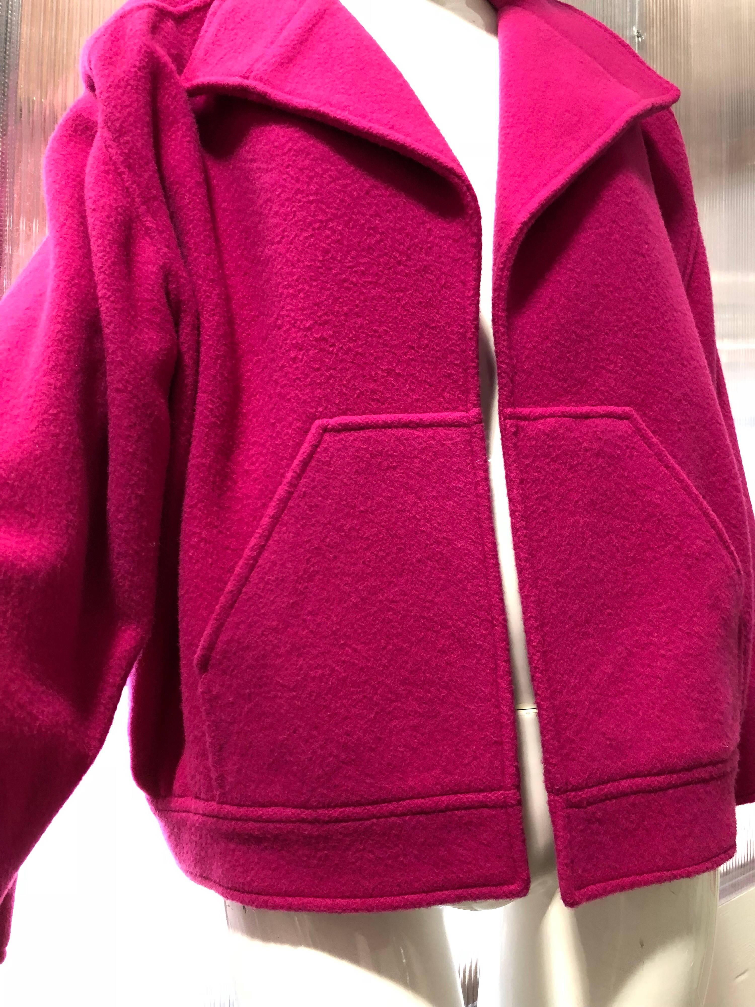 1980s Chloe by Karl Lagerfeld hot pink lightweight mohair spring coat with no closures.  Easy, Asian-inspired boxy cut with wide sleeves and front patch pockets.
Unlined.
Fits French size 42. 