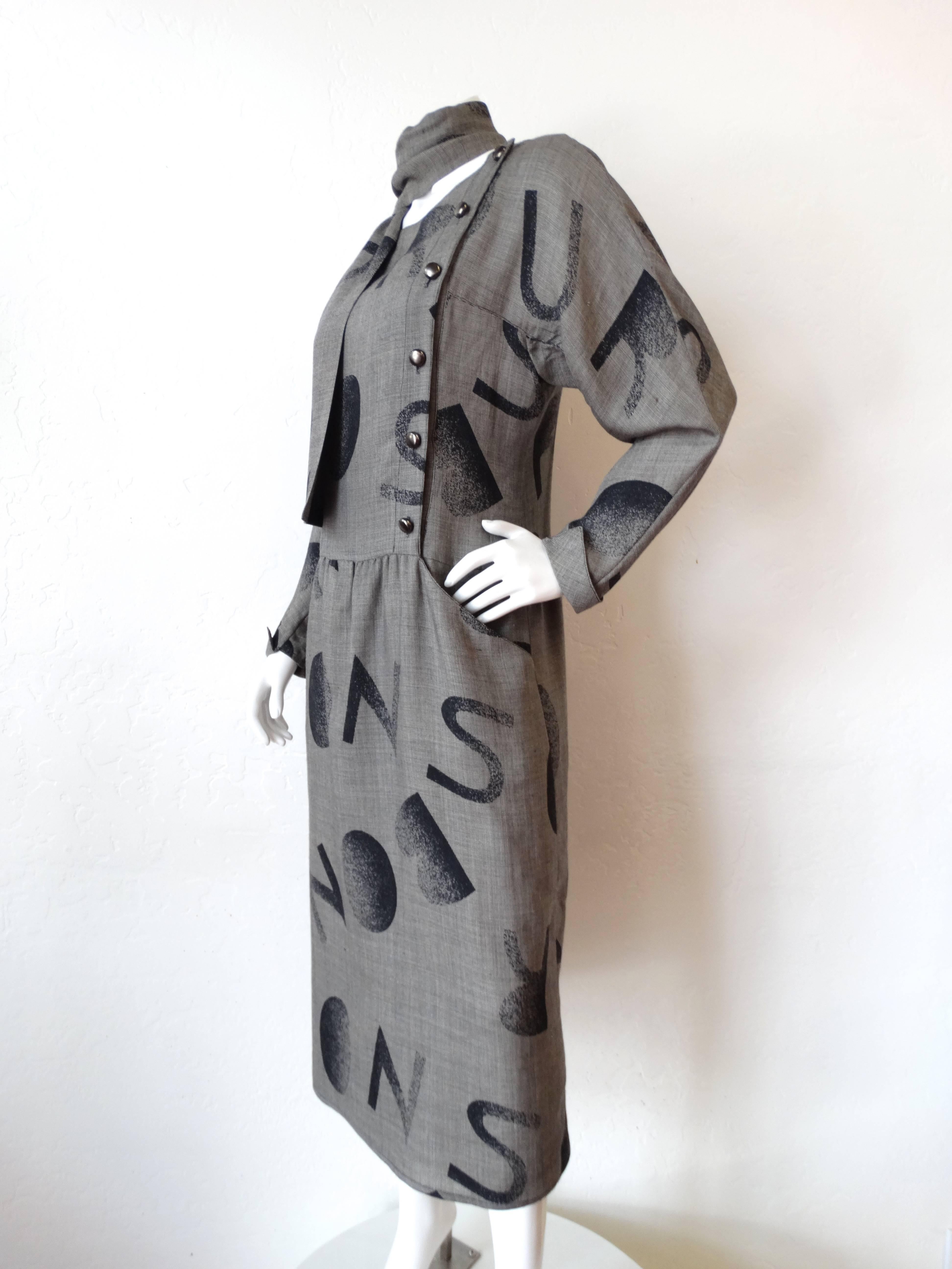 1980s Chloe Grey Alphabet Printed Dress  2